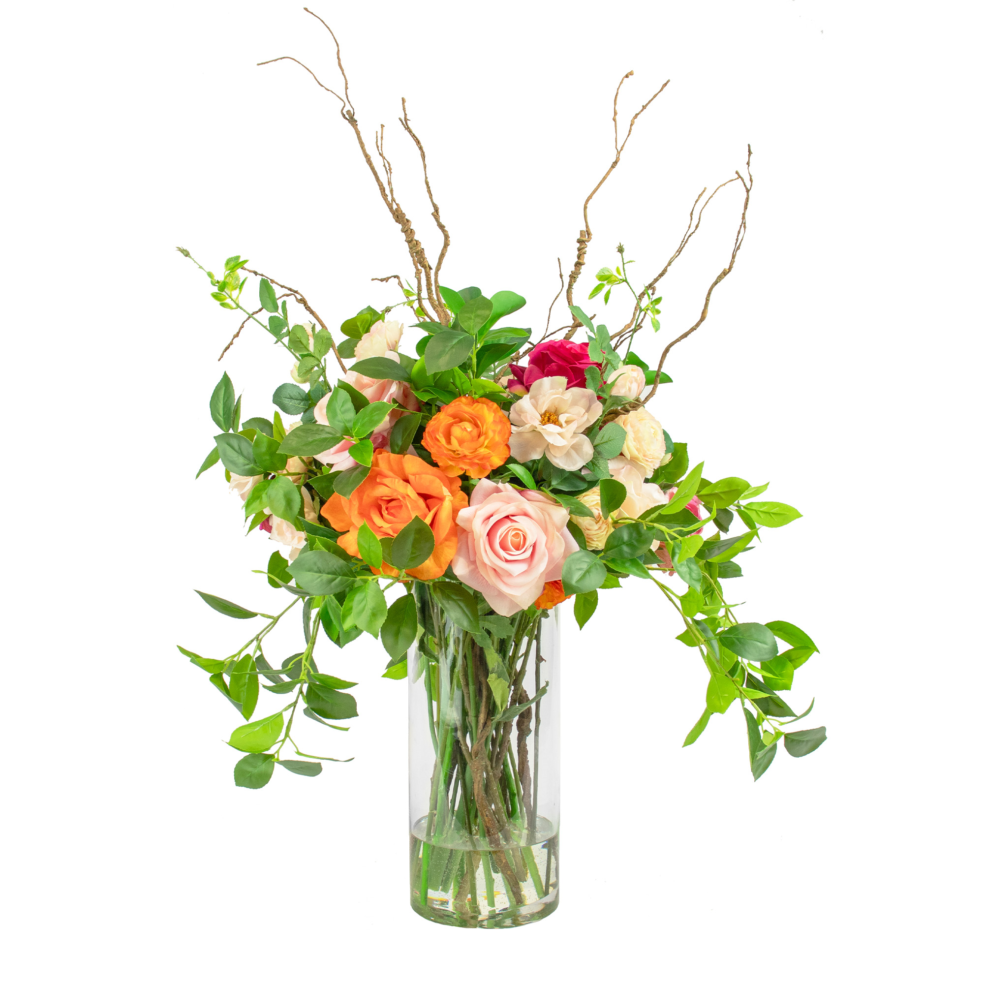 GARDEN MIX ROSES AND FOLIAGE IN CYLINDER VASE