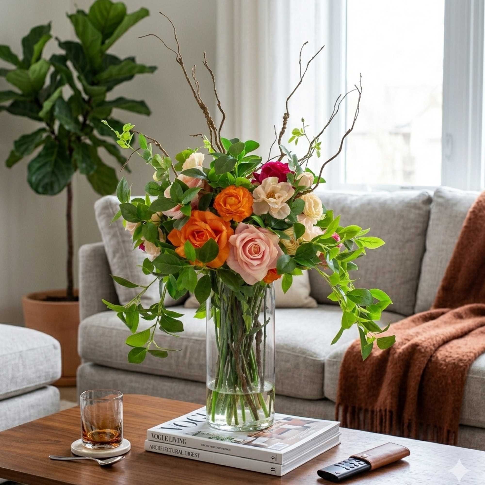 GARDEN MIX ROSES AND FOLIAGE IN CYLINDER VASE - Image 4