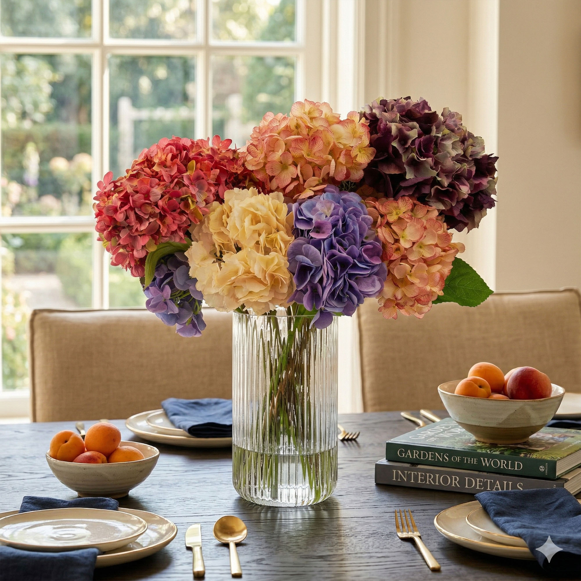 MIXED COLOUR HYDRANGEAS IN RIBBED CYLINDER VASE