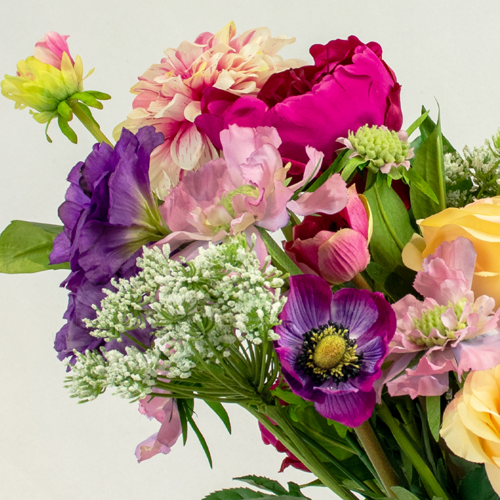 Pink and Purple Melody Silk Flower Arrangement in Glass Tulip Vase with Roses, Dahlias and Peonies 45cm Height