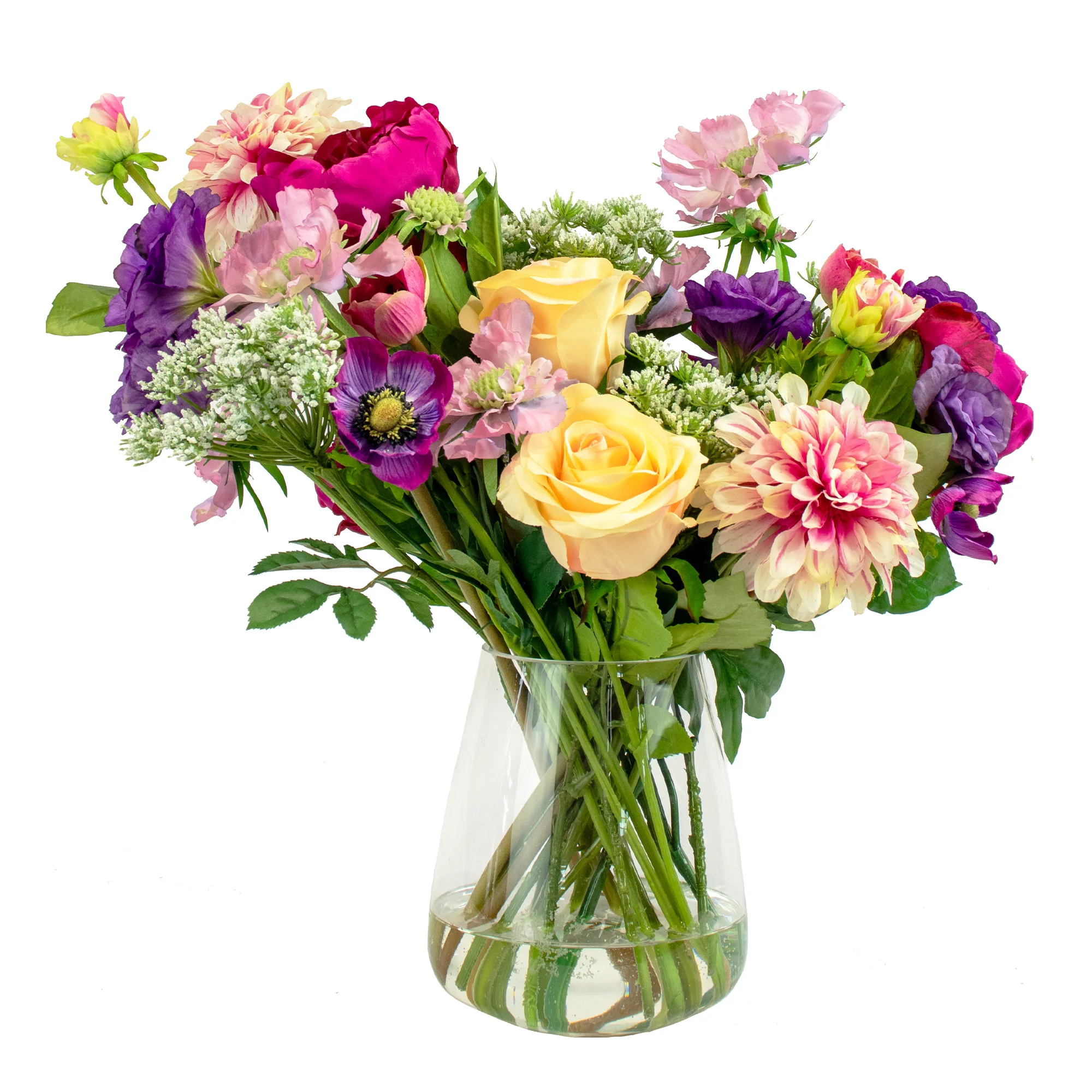 Pink and Purple Melody Silk Flower Arrangement in Glass Tulip Vase with Roses, Dahlias and Peonies 45cm Height
