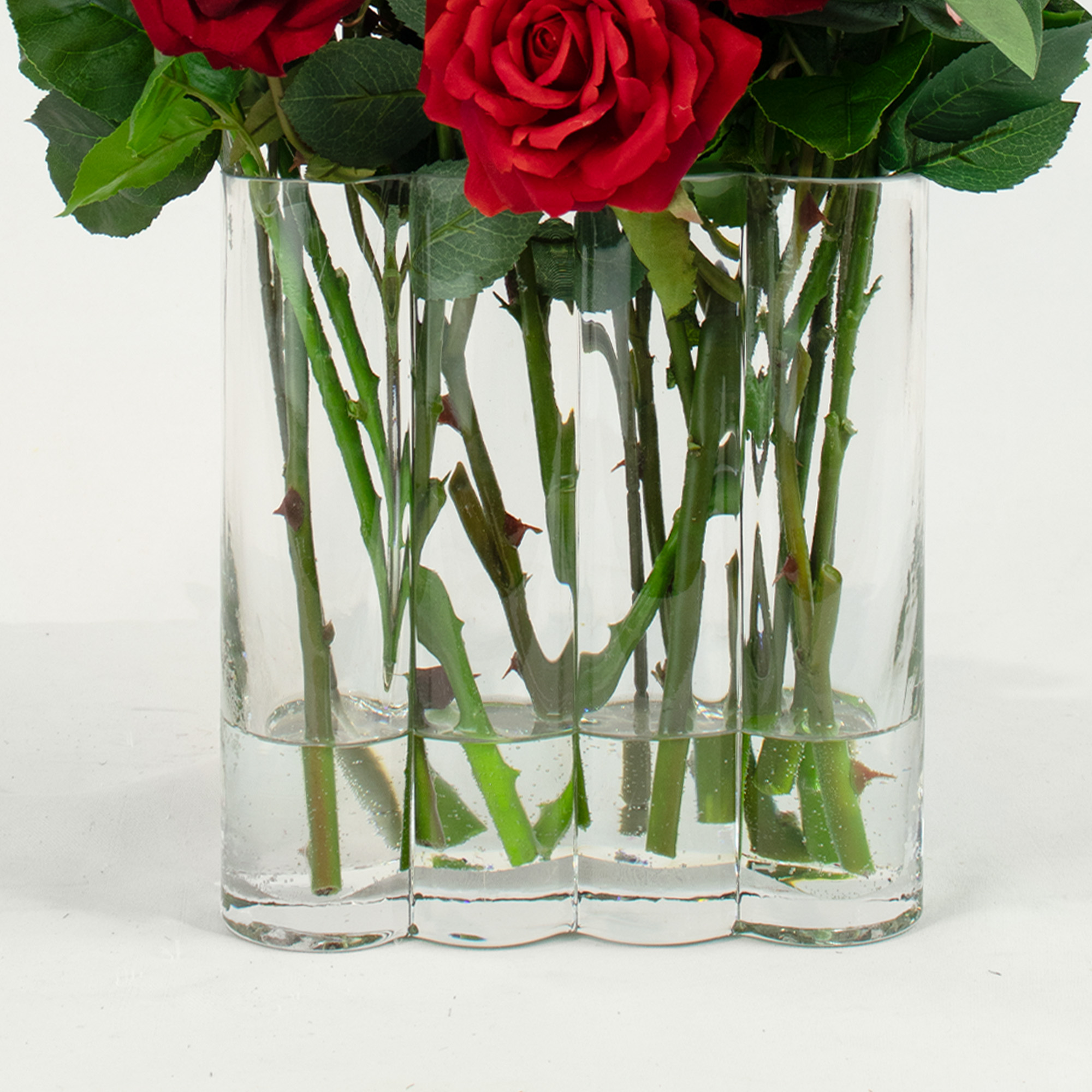 Red, Burgundy and Dark Red Mixed Rose Artificial Arrangement with Eucalyptus in Segmented Oblong Glass Vase 45cm Tall