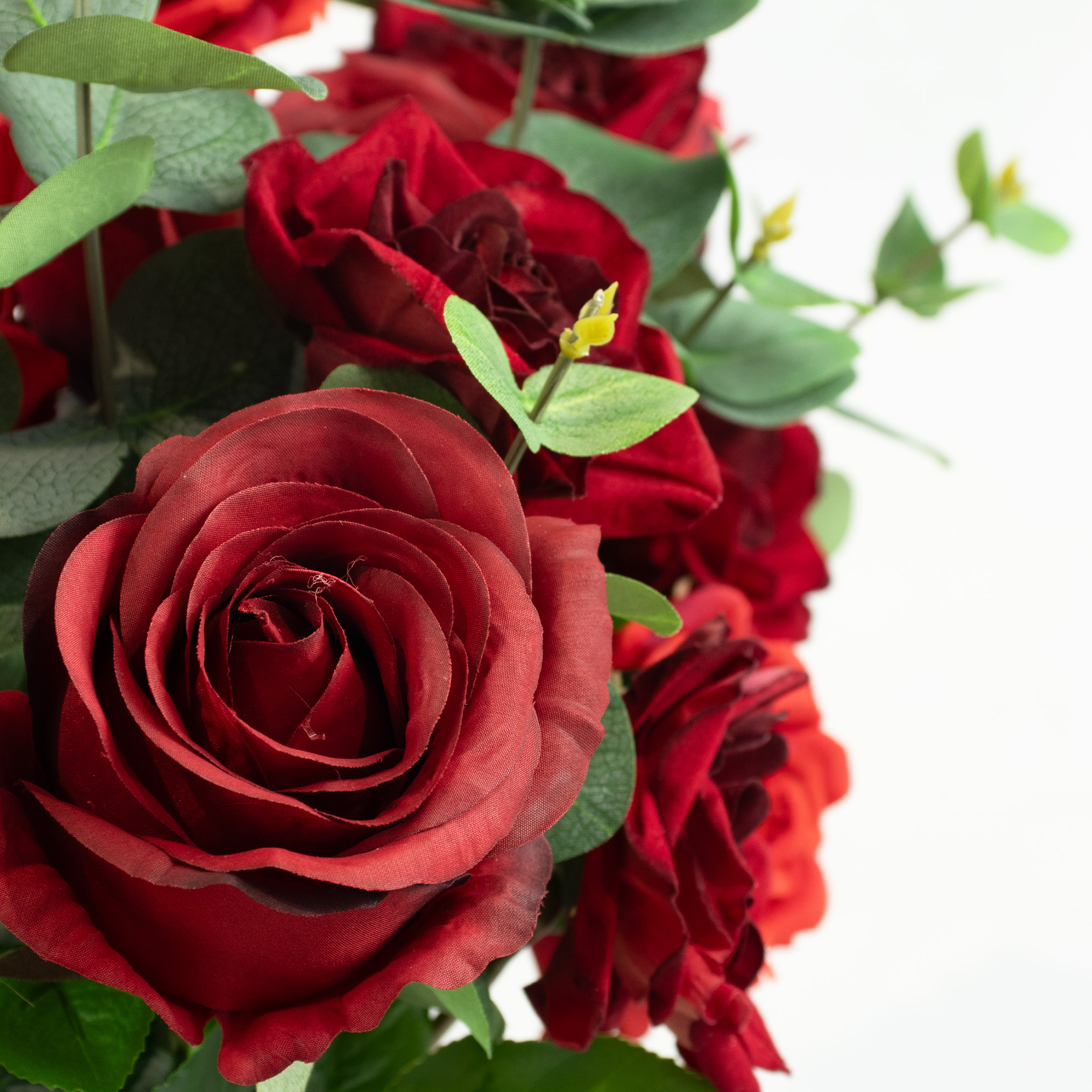 Red, Burgundy and Dark Red Mixed Rose Artificial Arrangement with Eucalyptus in Segmented Oblong Glass Vase 45cm Tall