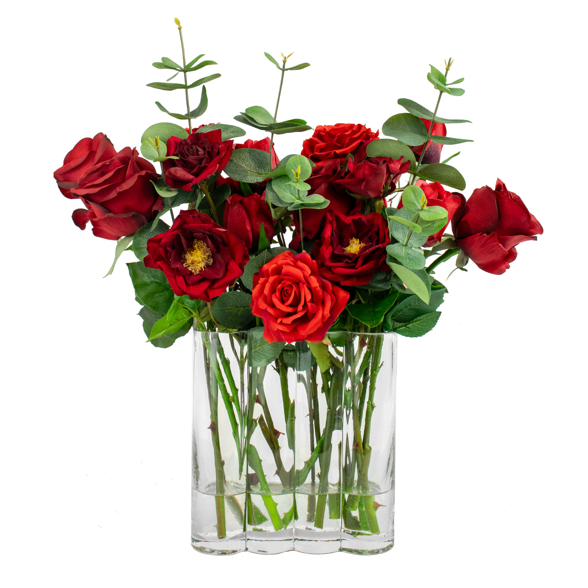 Red, Burgundy and Dark Red Mixed Rose Artificial Arrangement with Eucalyptus in Segmented Oblong Glass Vase 45cm Tall