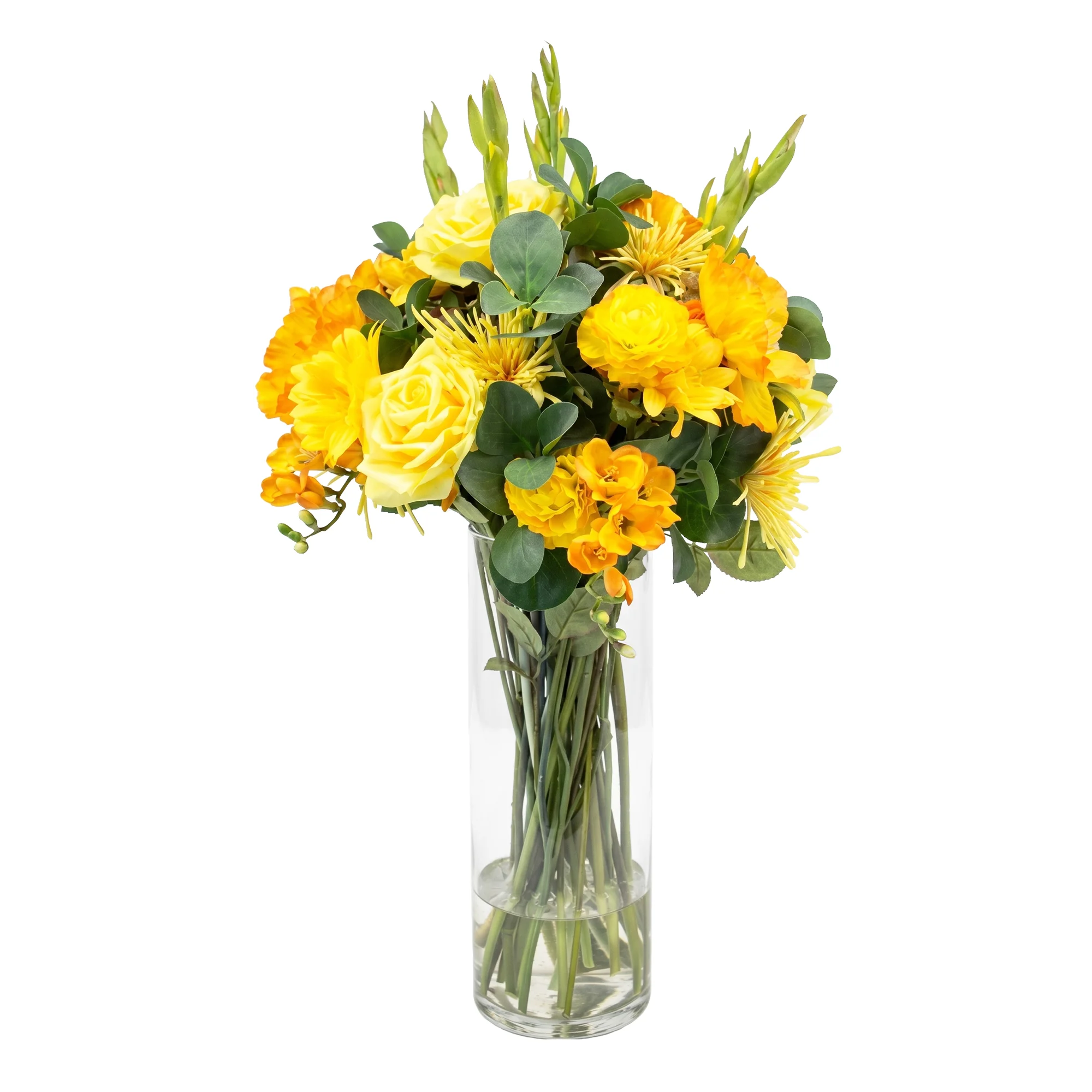 Golden Yellow Large Silk By Design Mixed Floral Arrangement in Cylindrical Glass Vase – 80cm