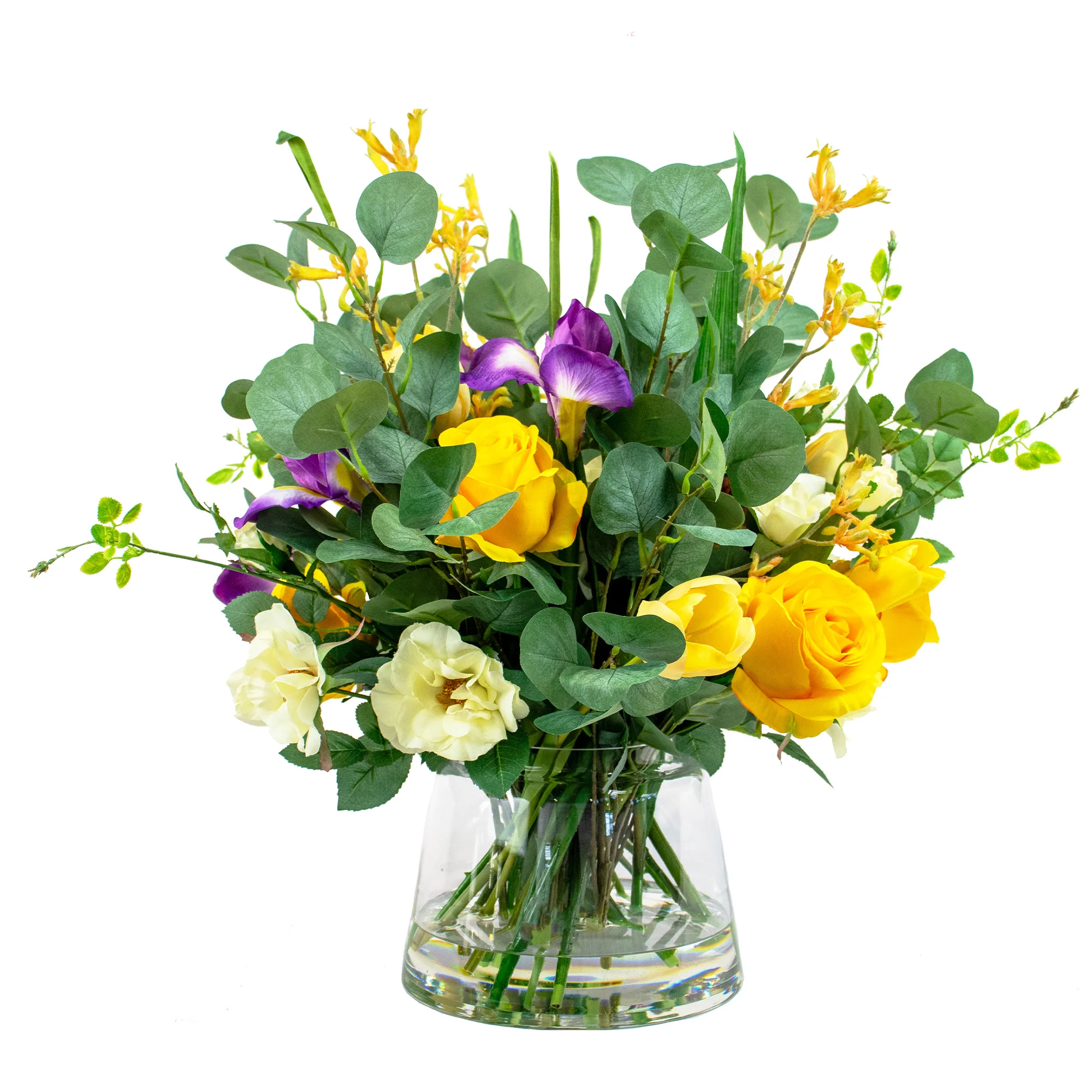 ROSE YELLOW WITH IRIS PURPLE AND TULIP IN JAR VASE