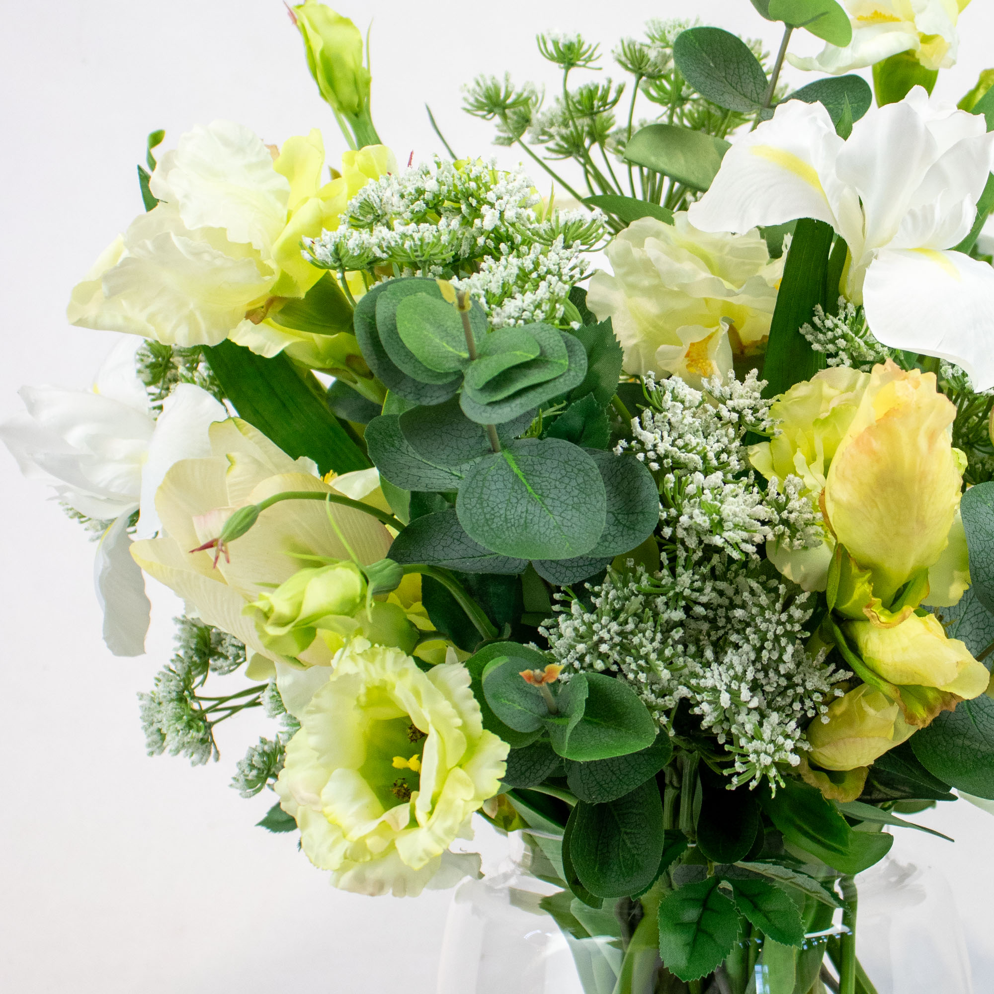WHITE IRIS WITH QUEEN ANNE LACE IN JAR VASE