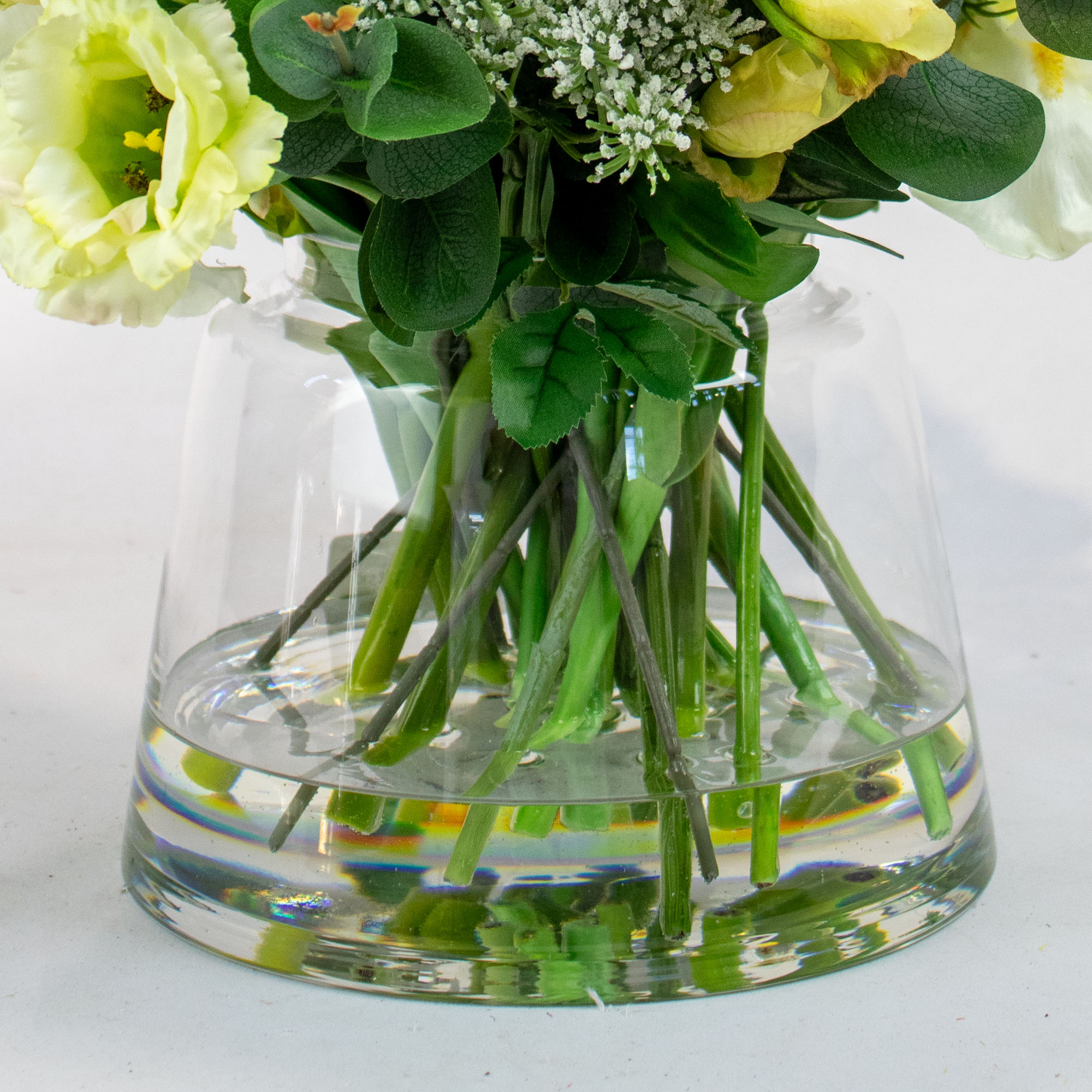 WHITE IRIS WITH QUEEN ANNE LACE IN JAR VASE