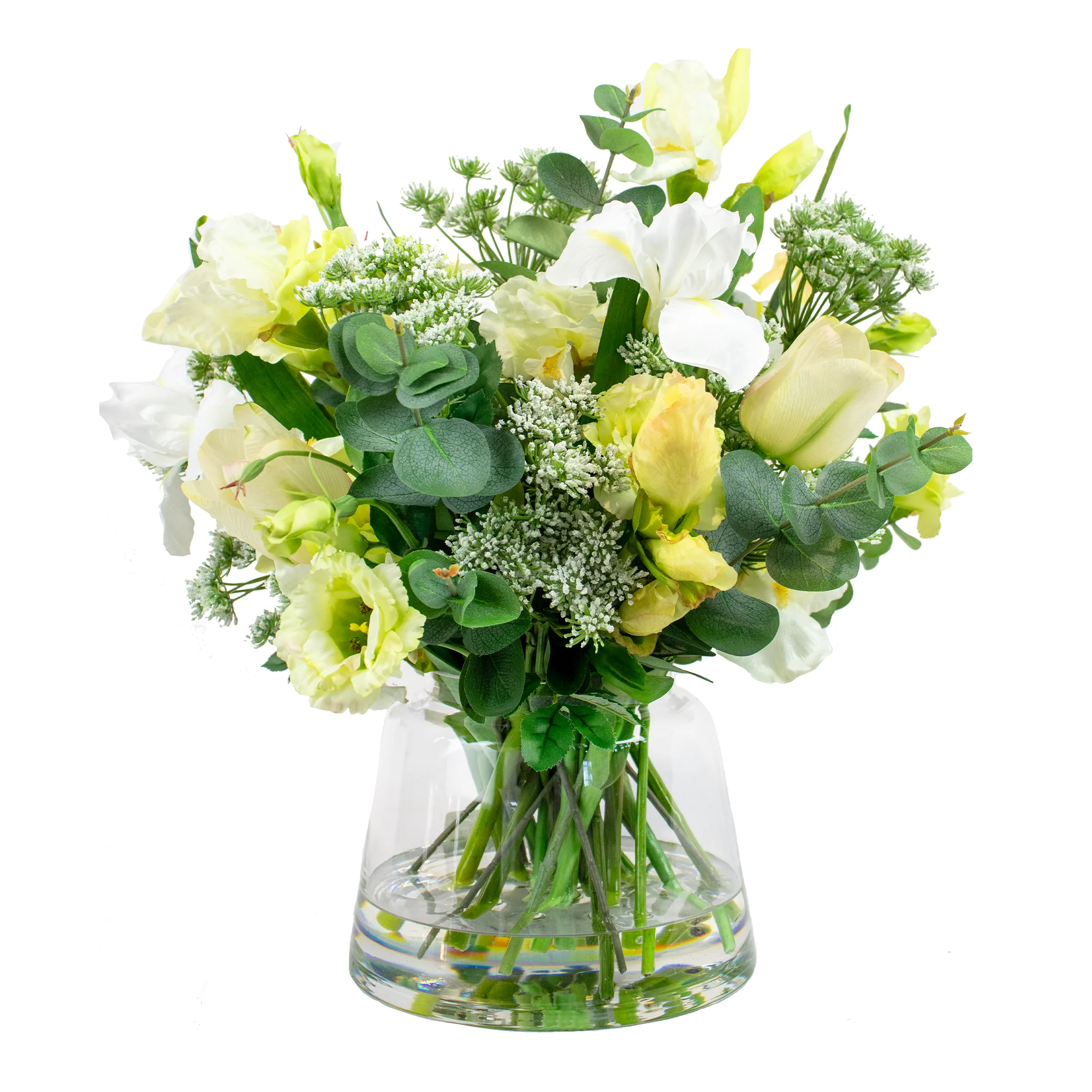 WHITE IRIS WITH QUEEN ANNE LACE IN JAR VASE