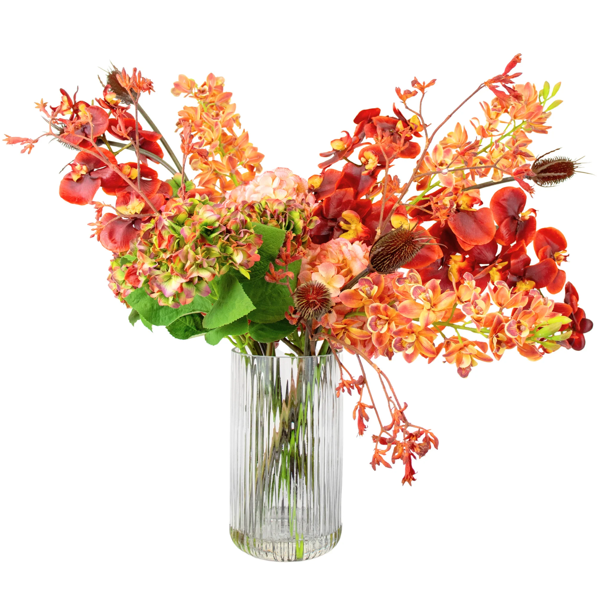 Large Clay Mix Orchid & Hydrangea Arrangement in Ribbed Clear Glass Vase
