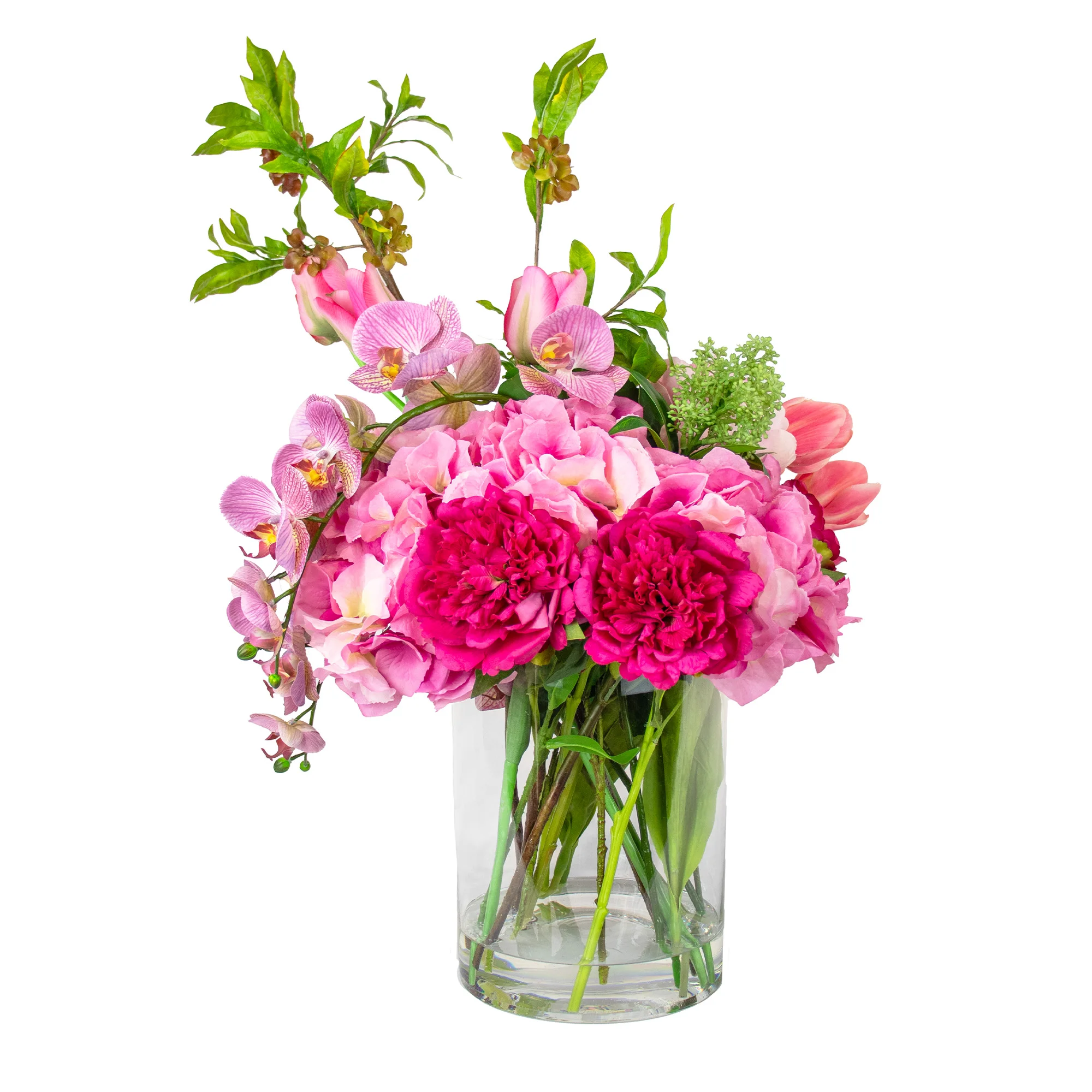 PINK HYDRANGEA WITH ELM BRANCH IN CYLINDER VASE