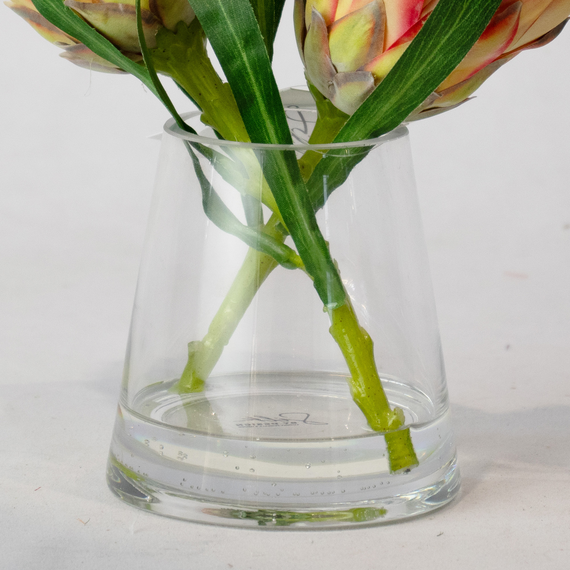 Small Pink Queen Protea Arrangement in Tapered Glass Vase – 24cm