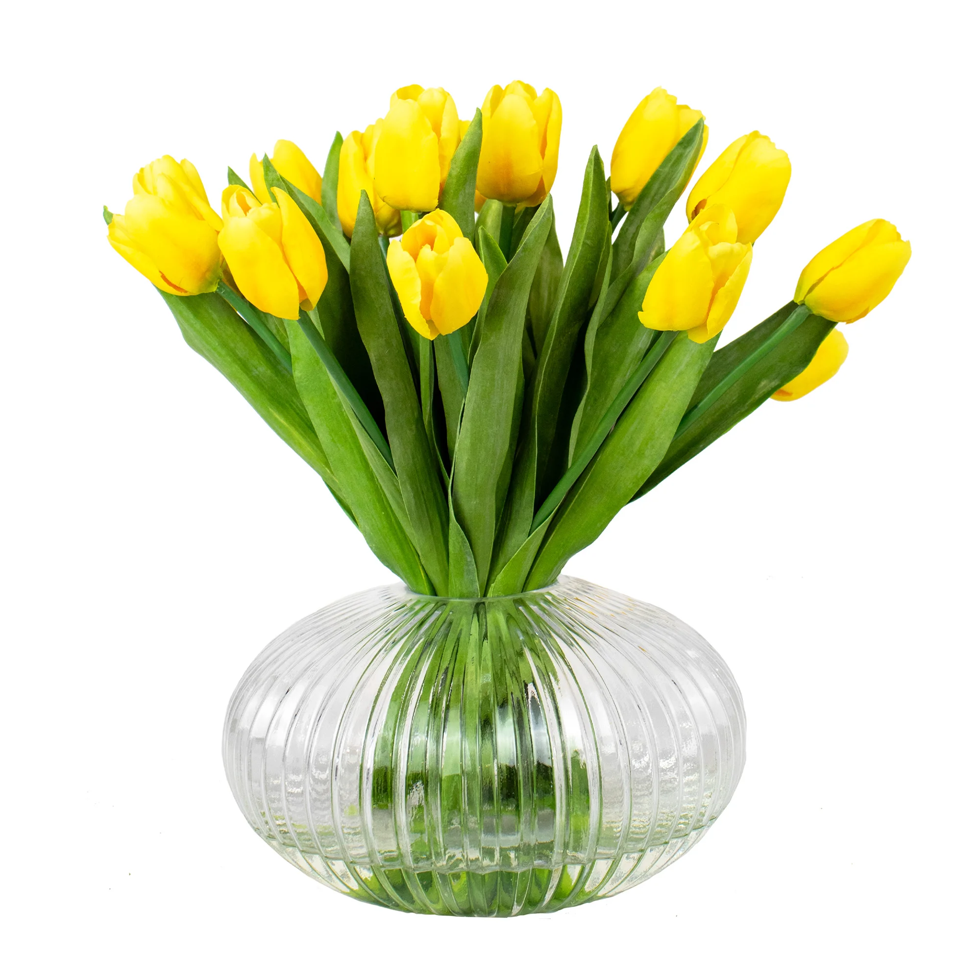 Medium Yellow Tulip Arrangement in Low-Ribbed Glass Vase