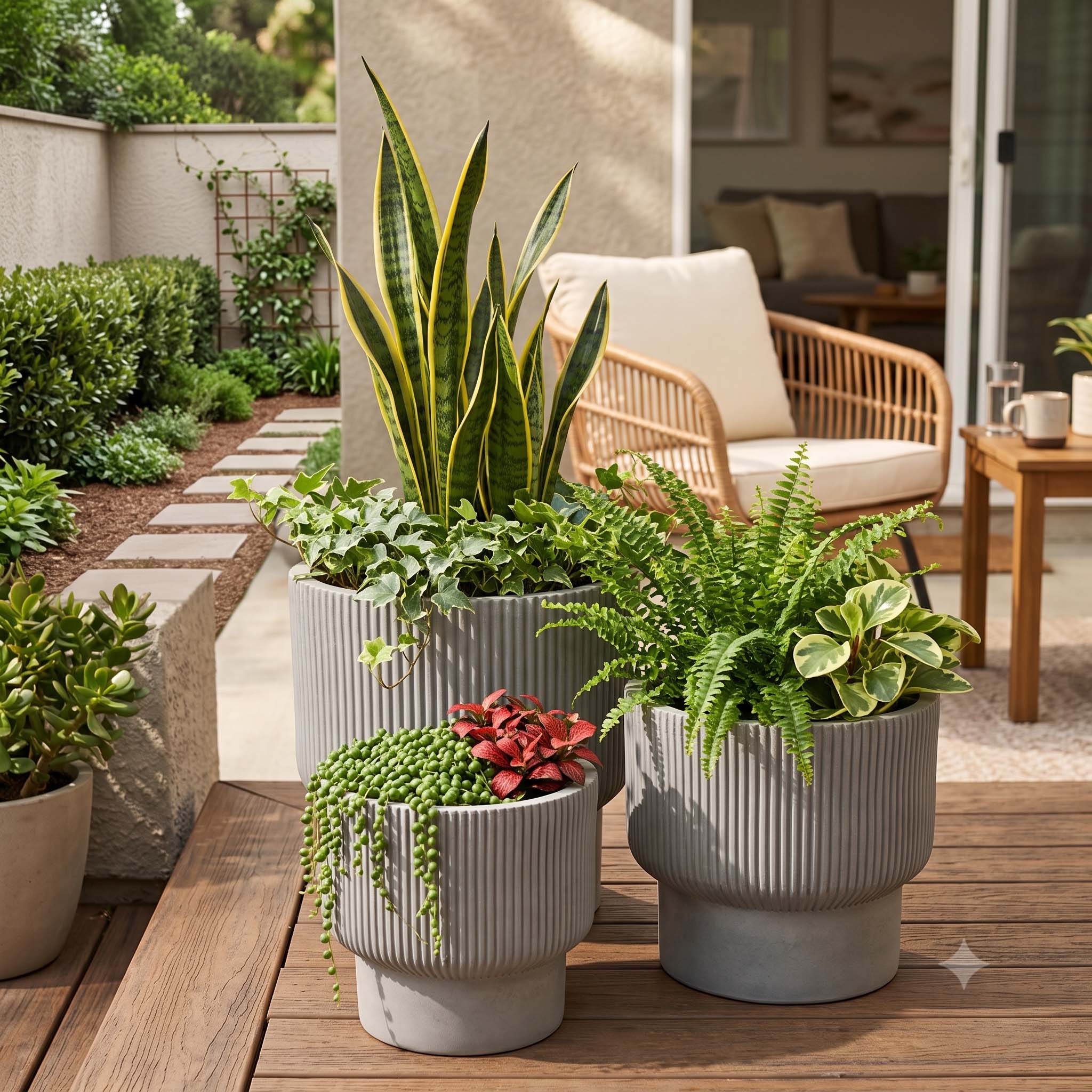 Set of 3 Grey Grooved Fibre Cement Footed Planters