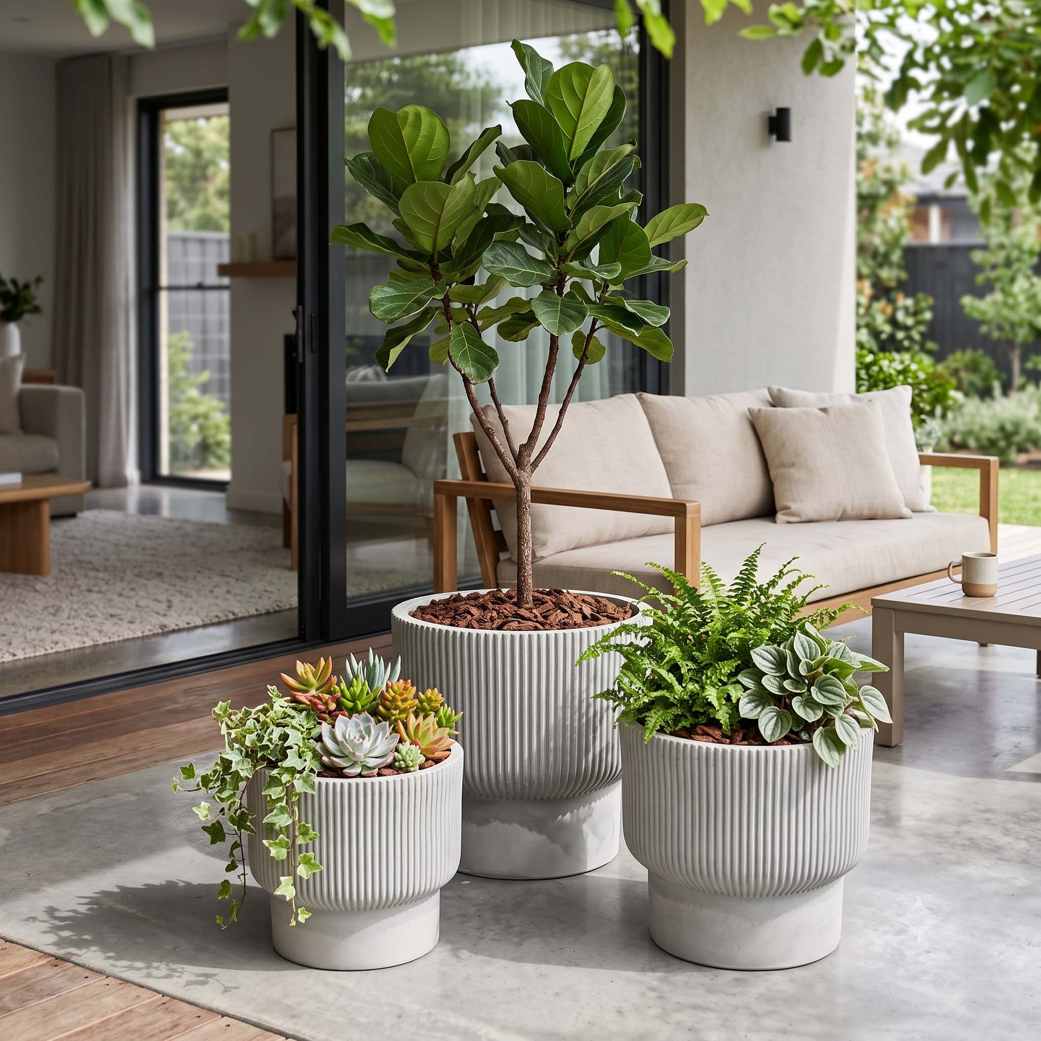 Set of 3 Grey Grooved Fibre Cement Footed Planters