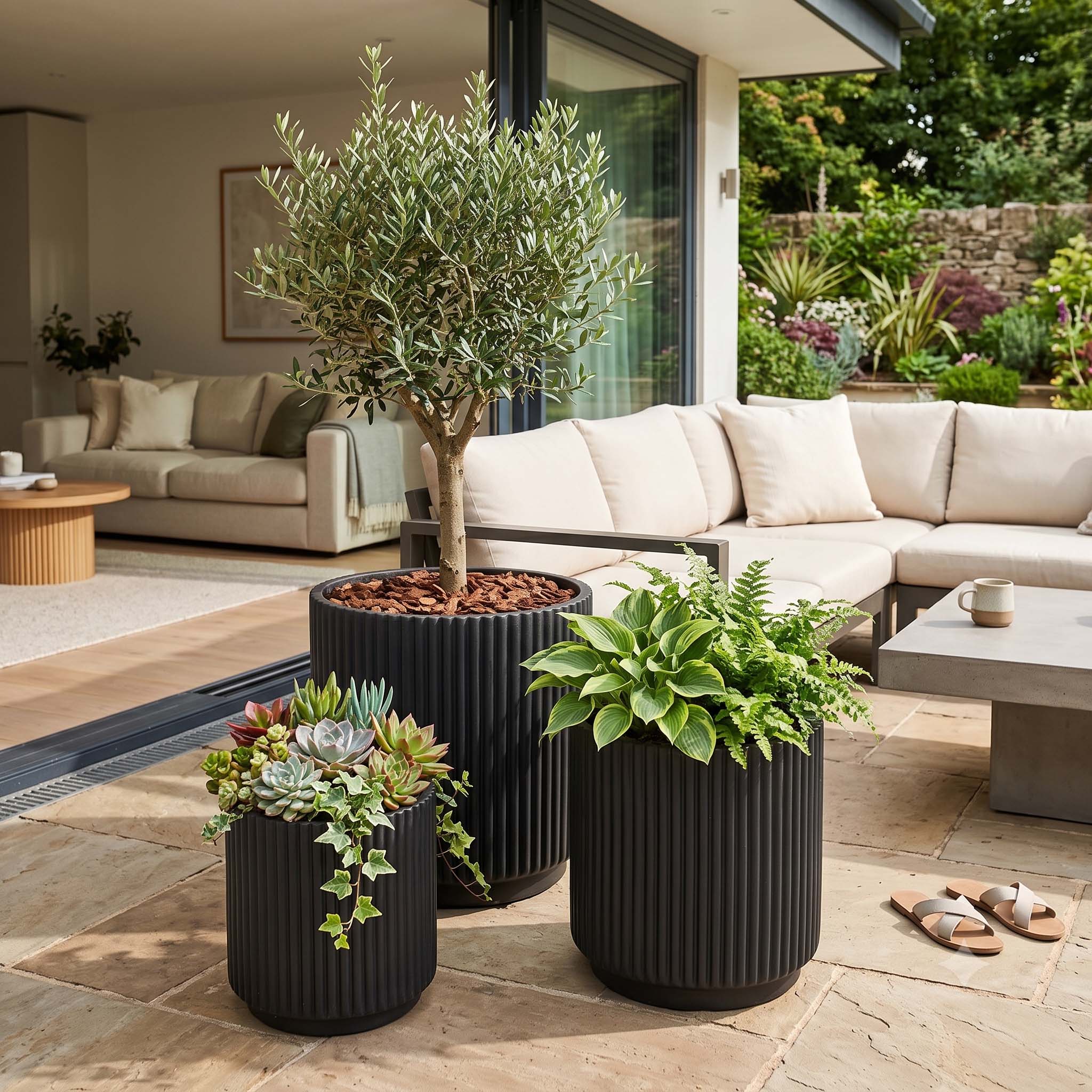 Set of 3 Matte Black Ribbed Fibre Cement Footed Planters