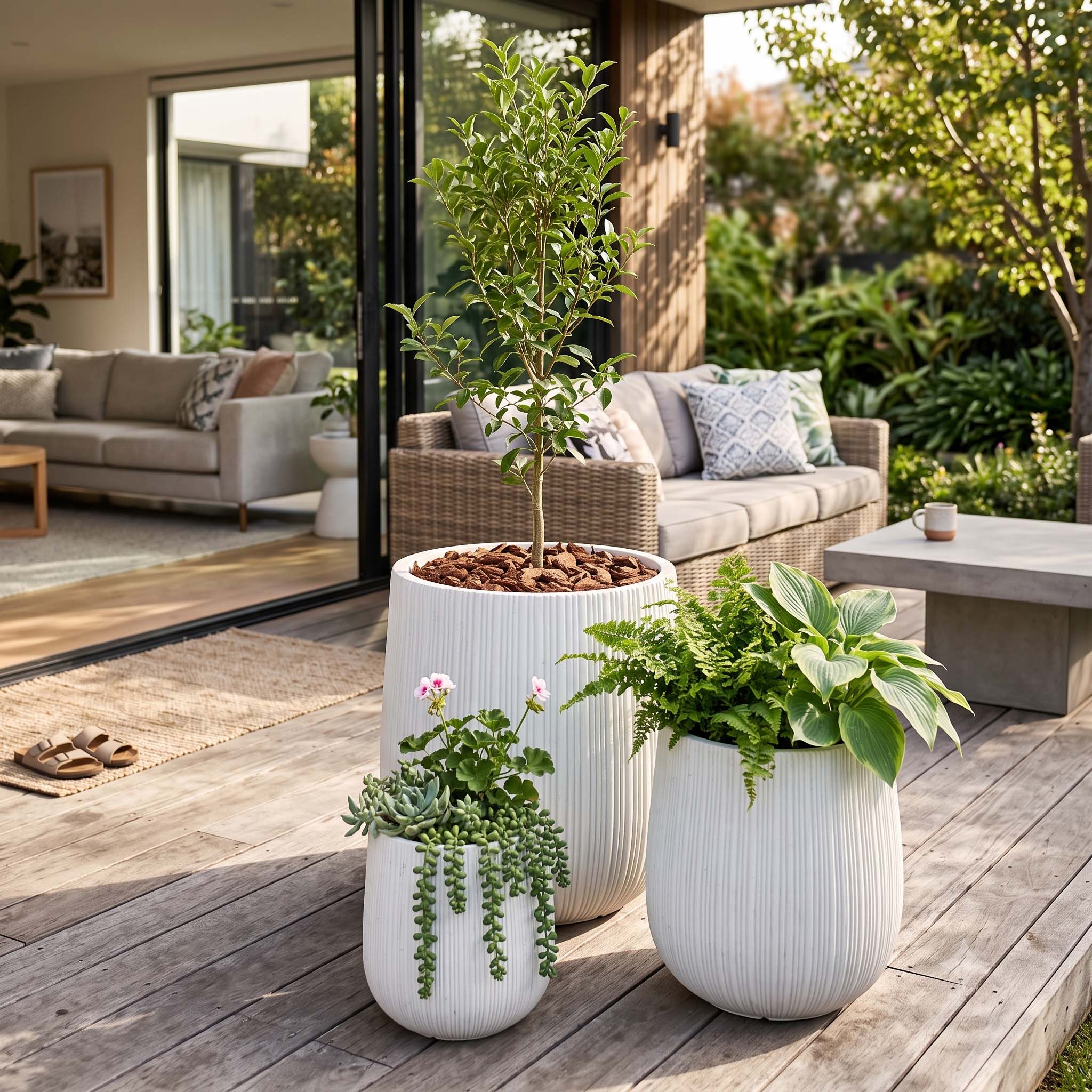 Set of 3 Matte White Fluted Fibre Cement Cigar Planters | Silk By Design