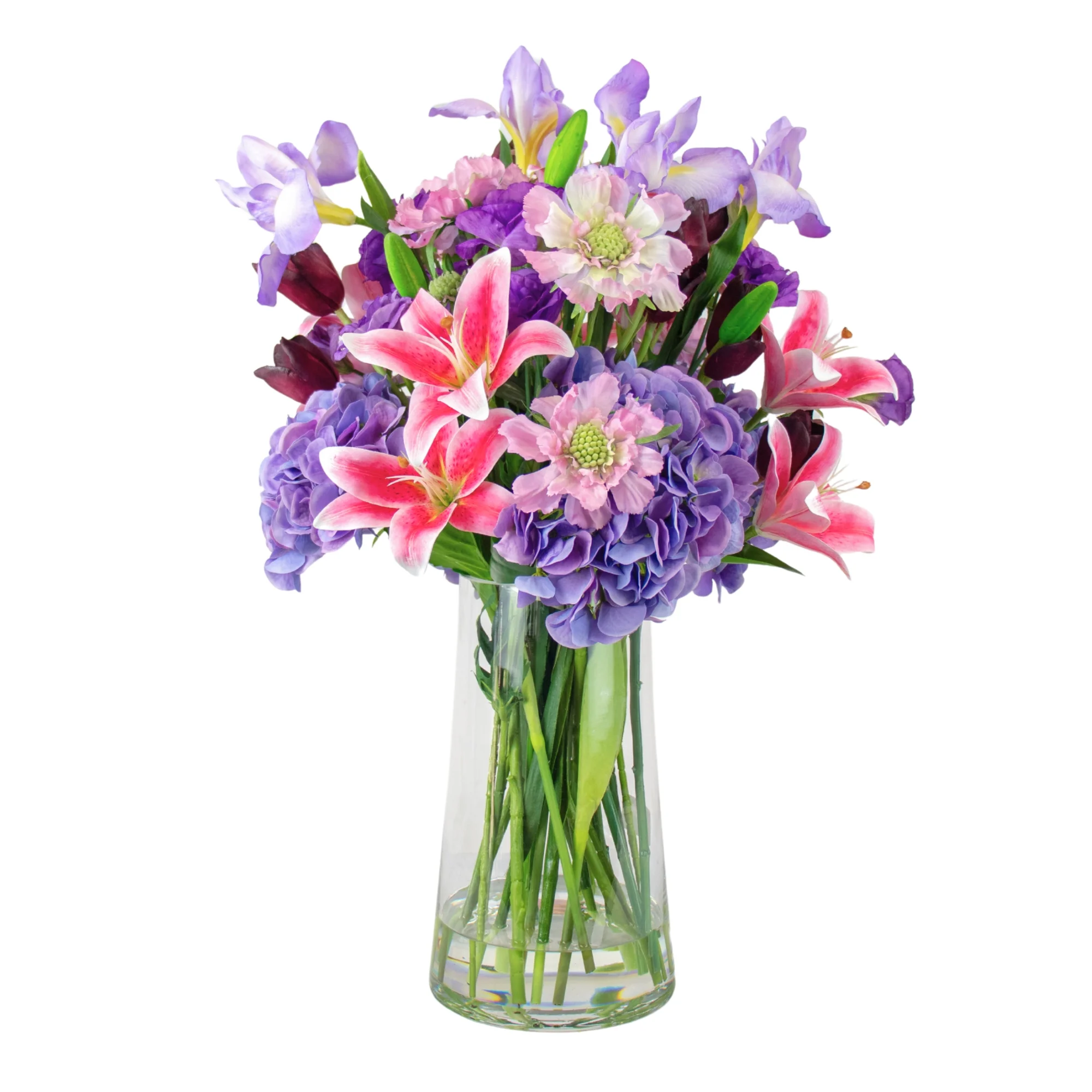 PINK TIGER LILY WITH PURPLE HYDRANGEA IN TAPERED VASE