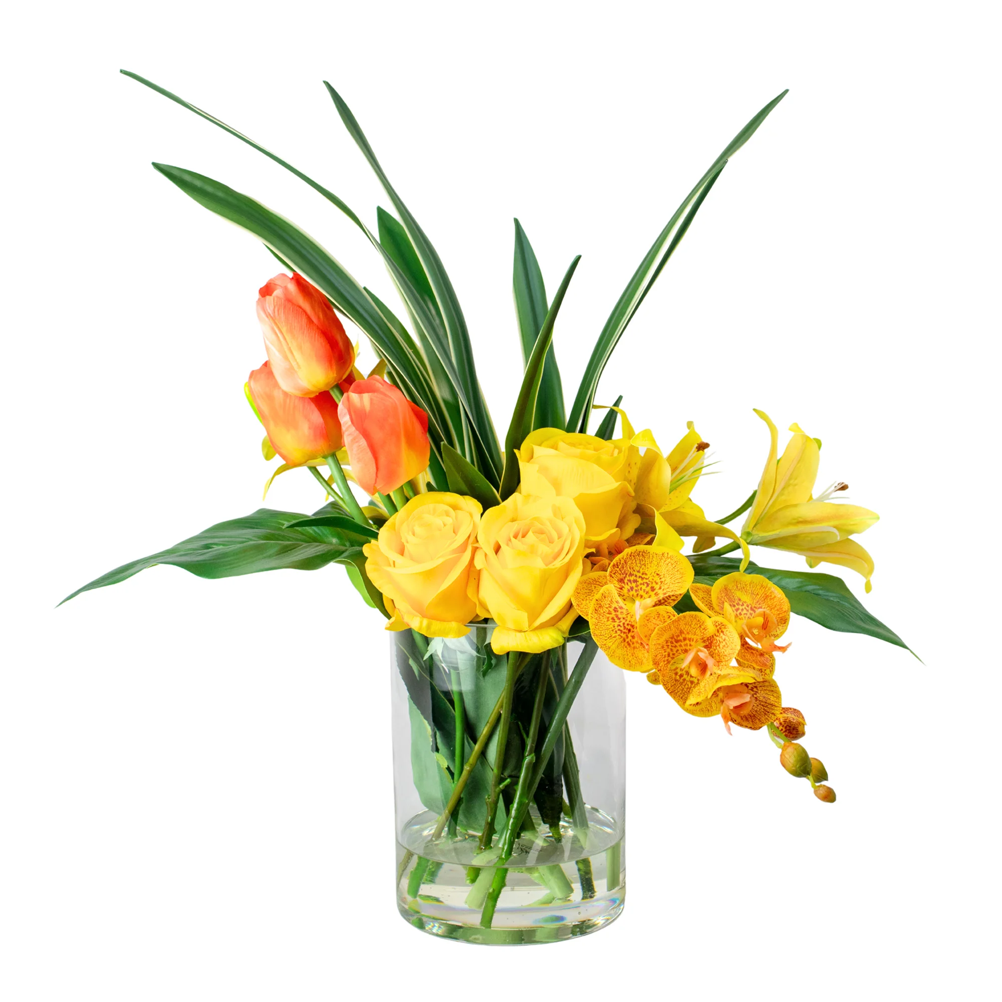 Large Yellow and Orange Mixed Floral Arrangement in Cylindrical Glass Vase – 57cm