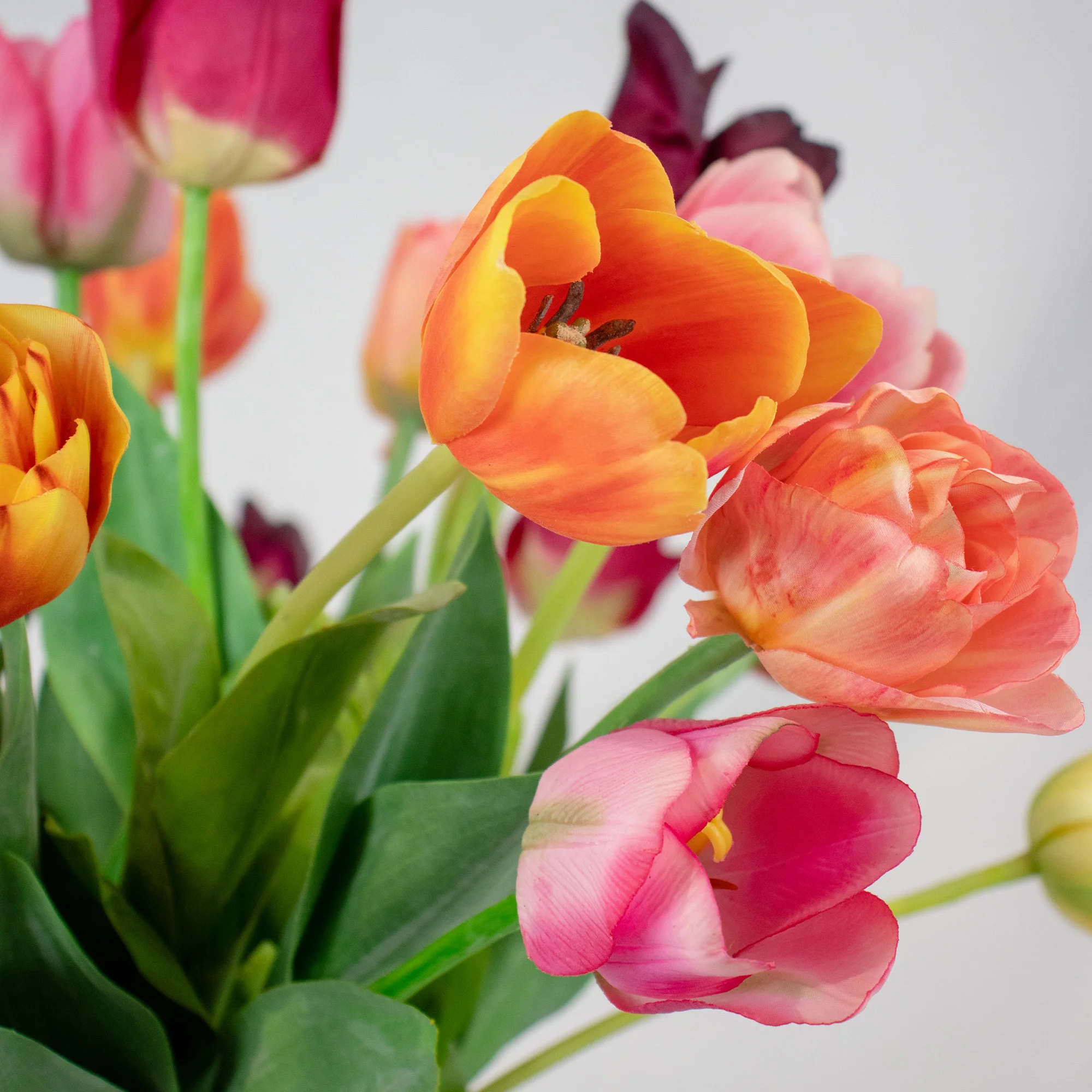 Large Vibrant Mixed Tulip Arrangement in Clear Glass Pedestal Vase