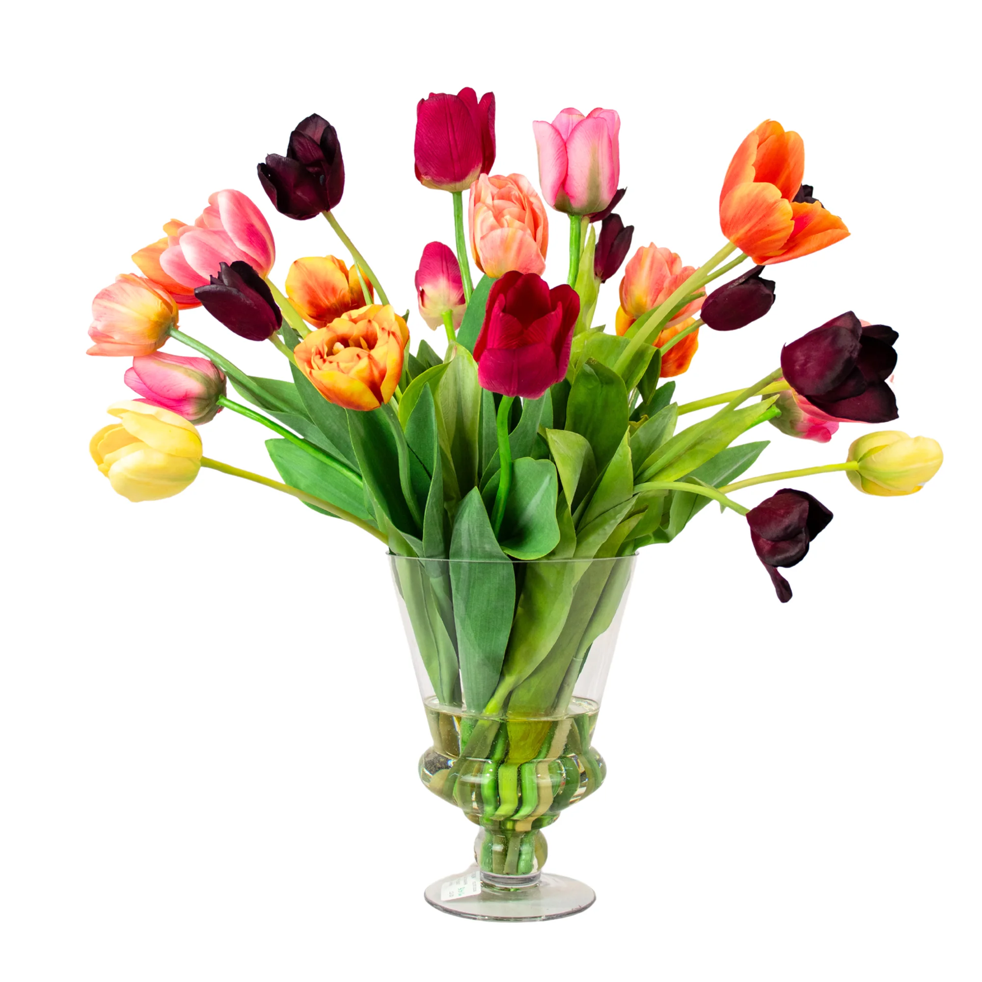 Large Vibrant Mixed Tulip Arrangement in Clear Glass Pedestal Vase