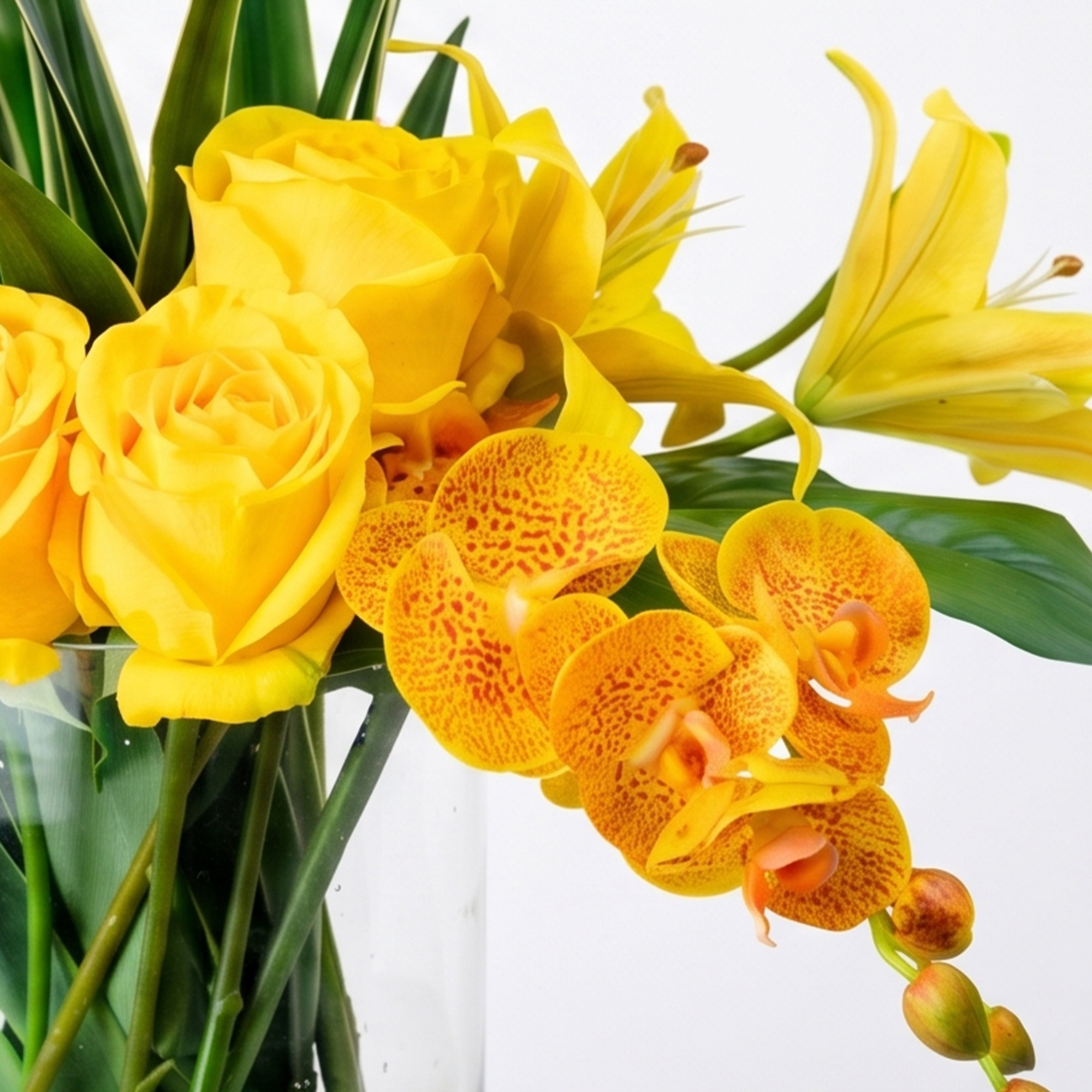 Large Yellow and Orange Mixed Floral Arrangement in Cylindrical Glass Vase – 57cm