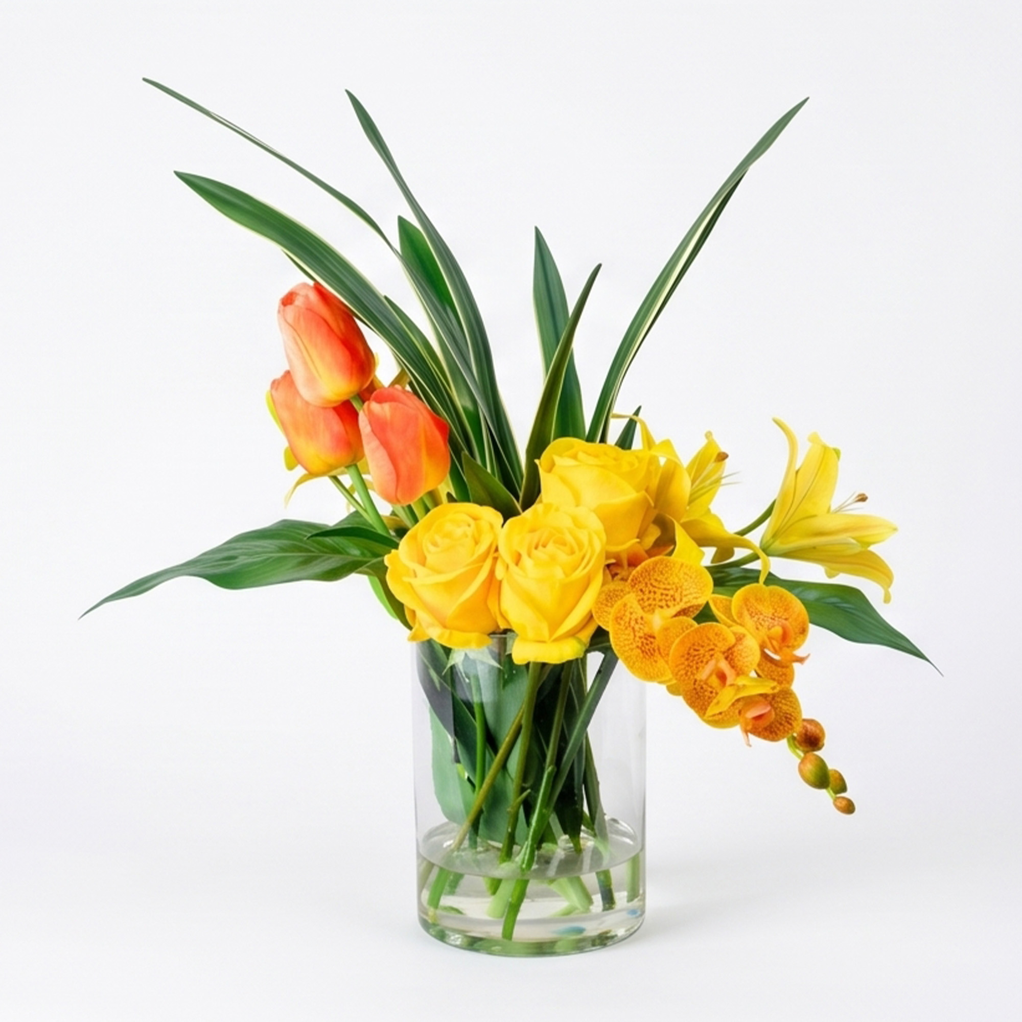 Large Yellow and Orange Mixed Floral Arrangement in Cylindrical Glass Vase – 57cm