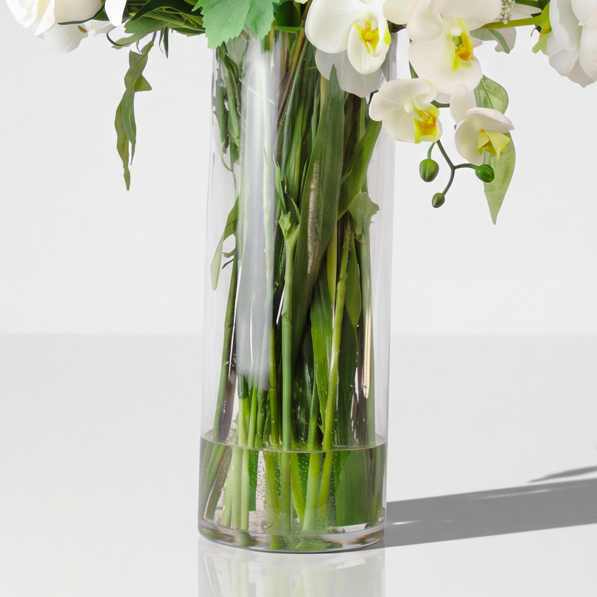 White And Lime Mixed Blooms In 40cm Cylinder Vase