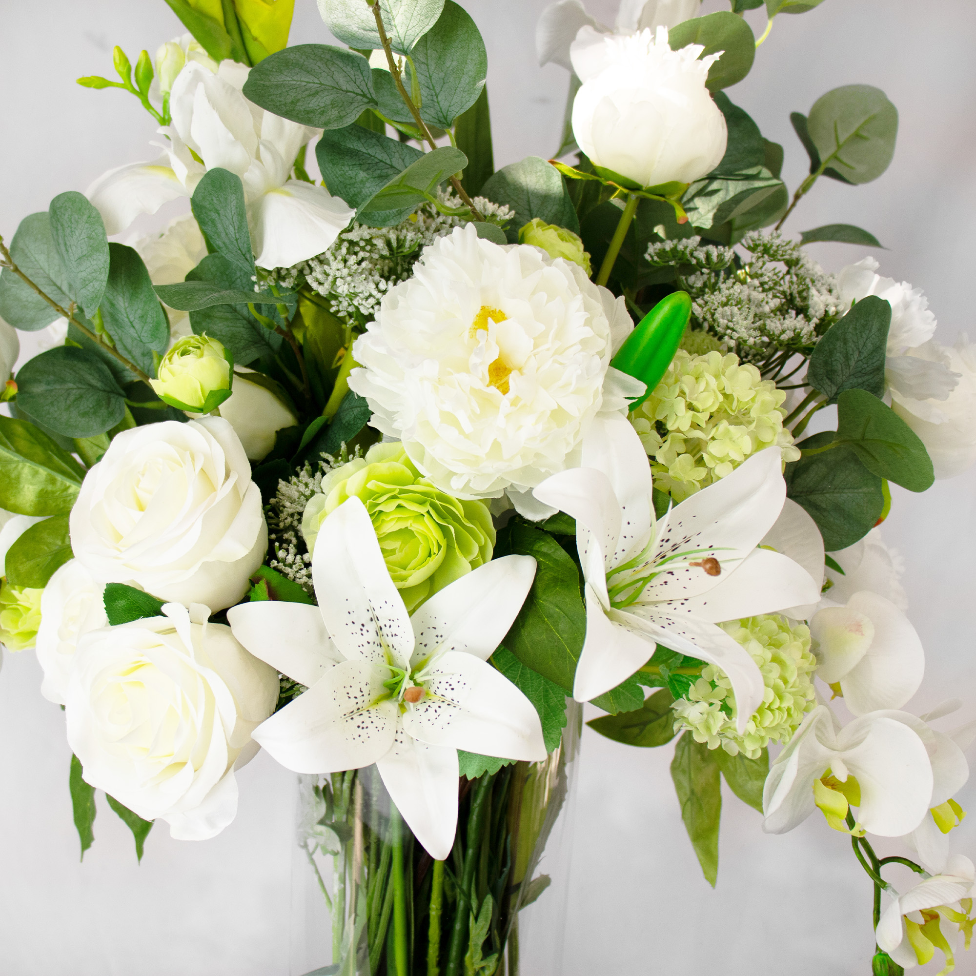 White And Lime Mixed Blooms In 40cm Cylinder Vase