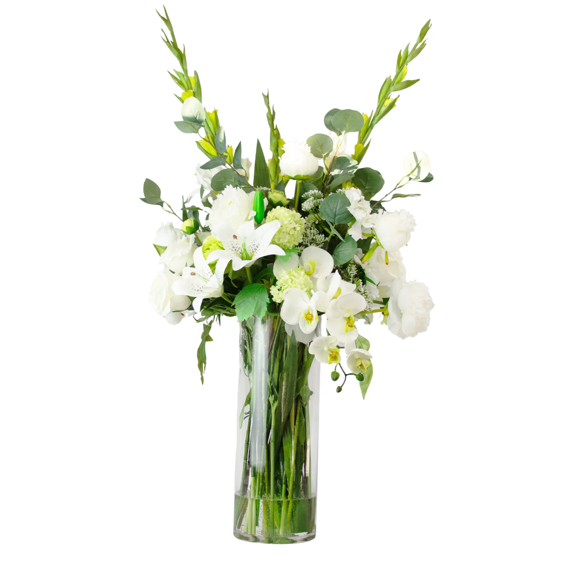 White And Lime Mixed Blooms In 40cm Cylinder Vase