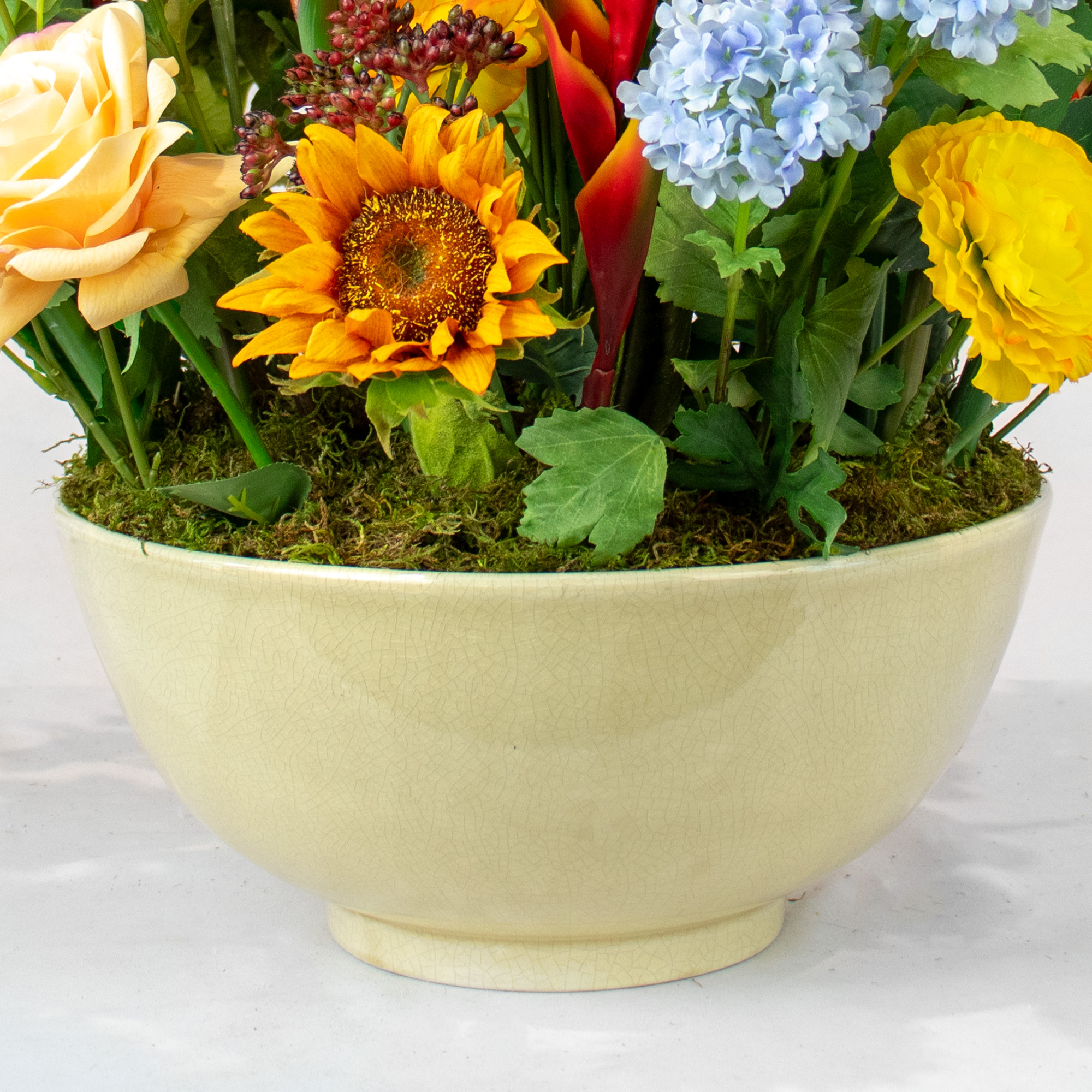 Large Strelitzia & Sunflower Bloom Medley in Crazed Cream Ceramic Bowl