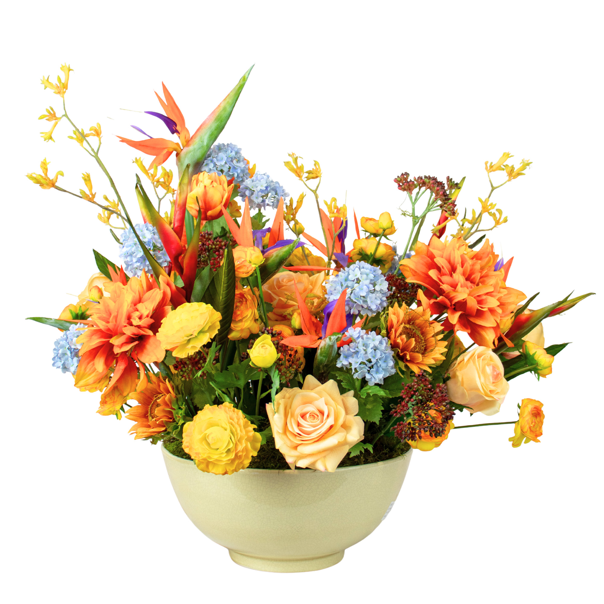 Large Strelitzia & Sunflower Bloom Medley in Crazed Cream Ceramic Bowl