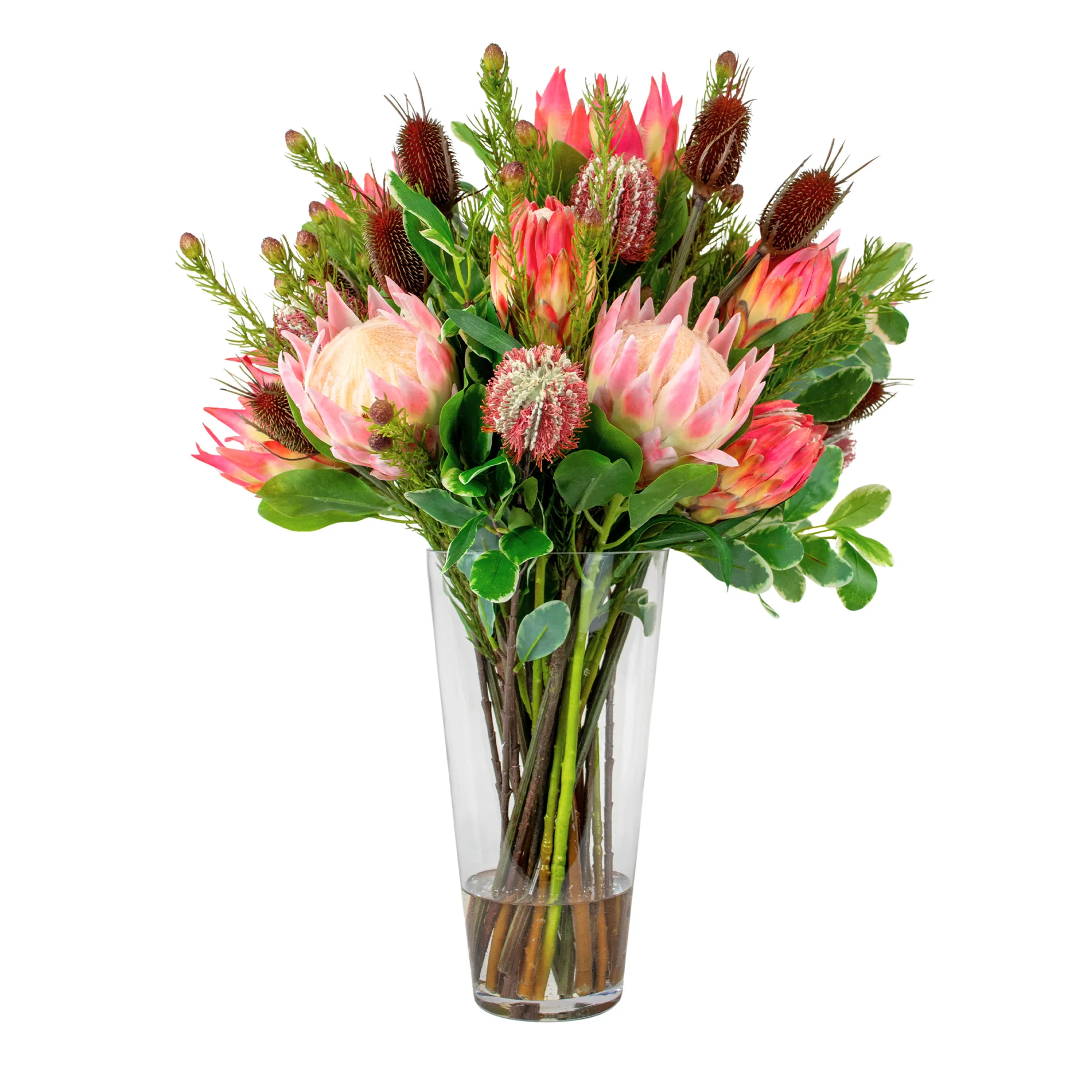 PROTEA MIX WITH PROTEA SPRAY AND FOLIAGE IN CONICAL VASE