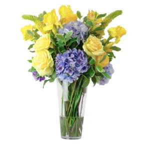 Mixed Yellow And Blue Blooms In Conical Vase