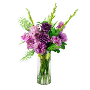 PURPLE VANDA ORCHIDS WITH ROSES AND FOLIAGE IN VASE