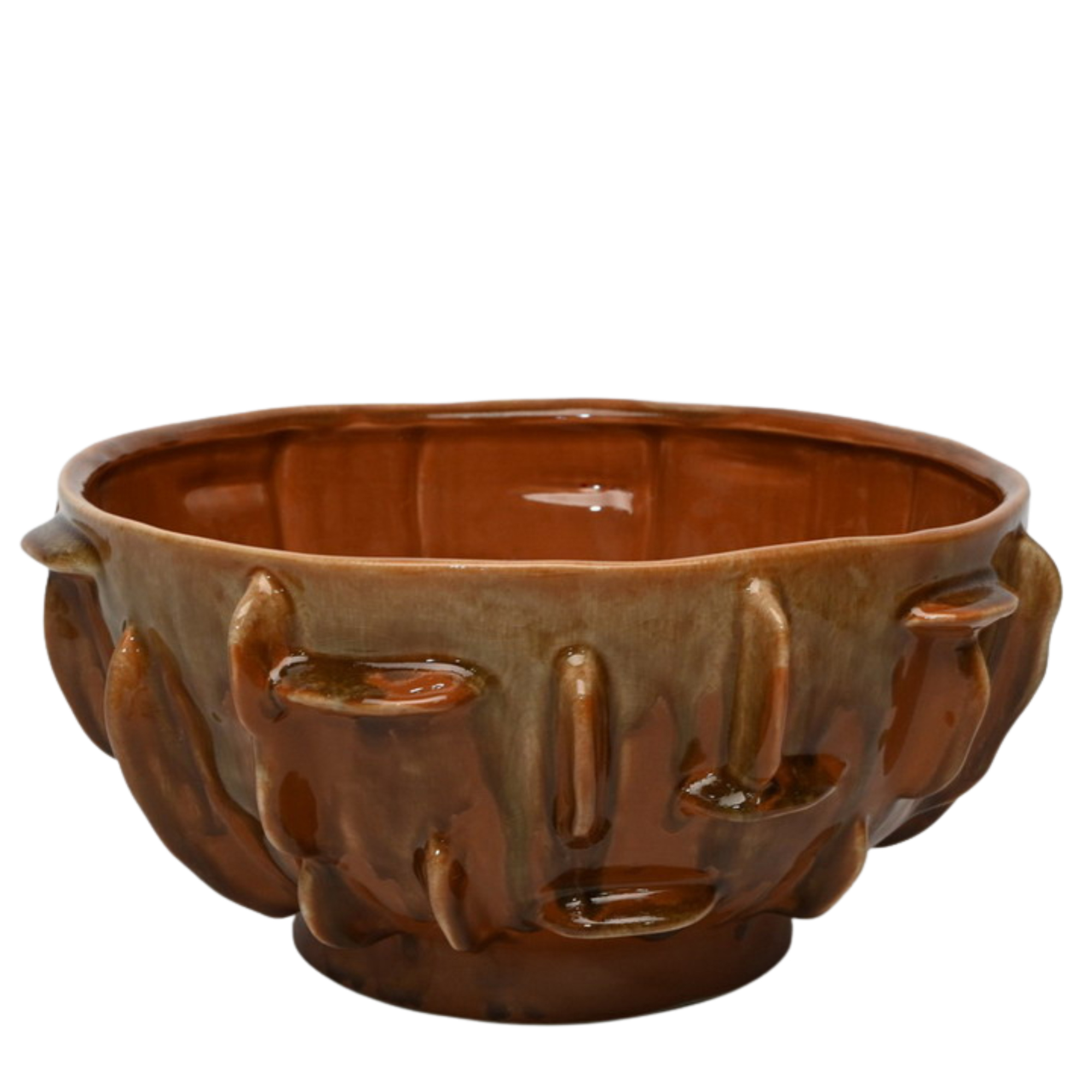 Large 34cm earth drip glaze ceramic bowl with tactile raised ribs sitting on a wide dining table.