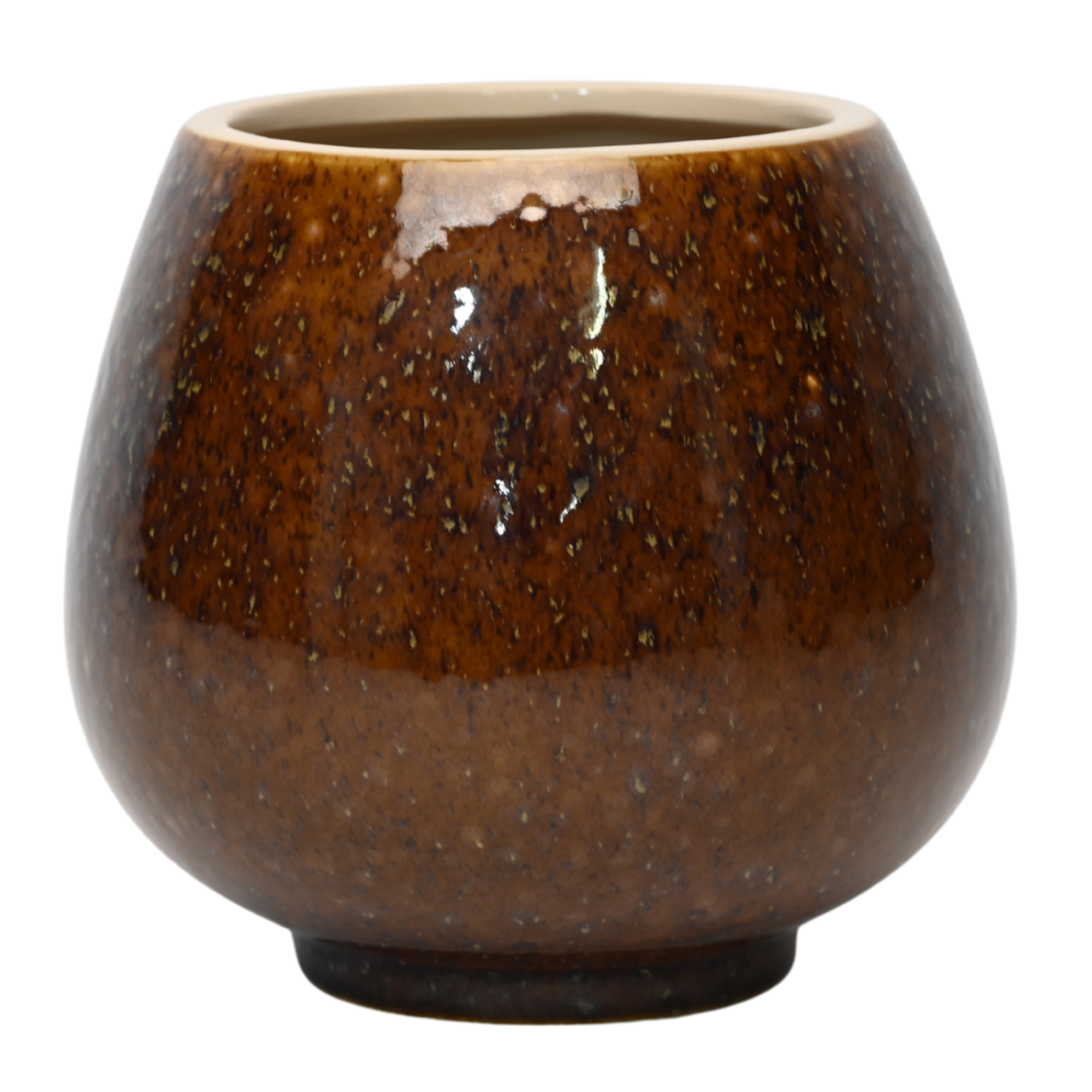 Medium 18cm toffee speckled ceramic bellied pot with a tactile glazed finish styled on a wooden dining table.
