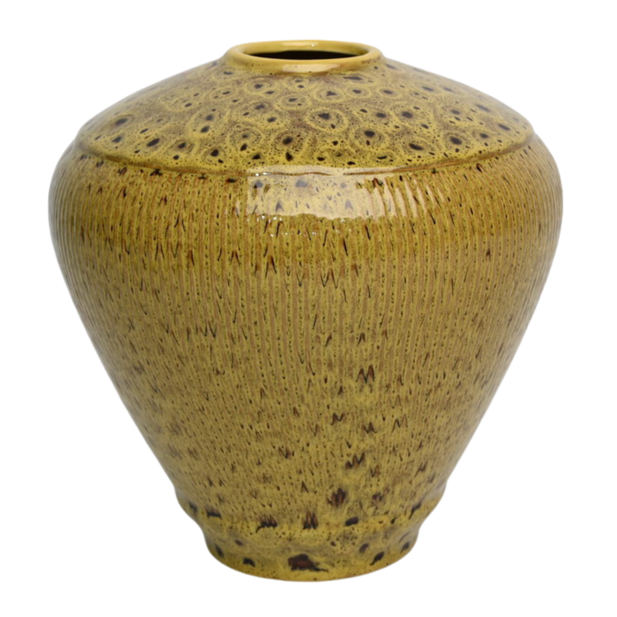 Large 25.5cm leopard spot mustard ceramic jar with a ribbed texture styled on a wooden dining room sideboard.