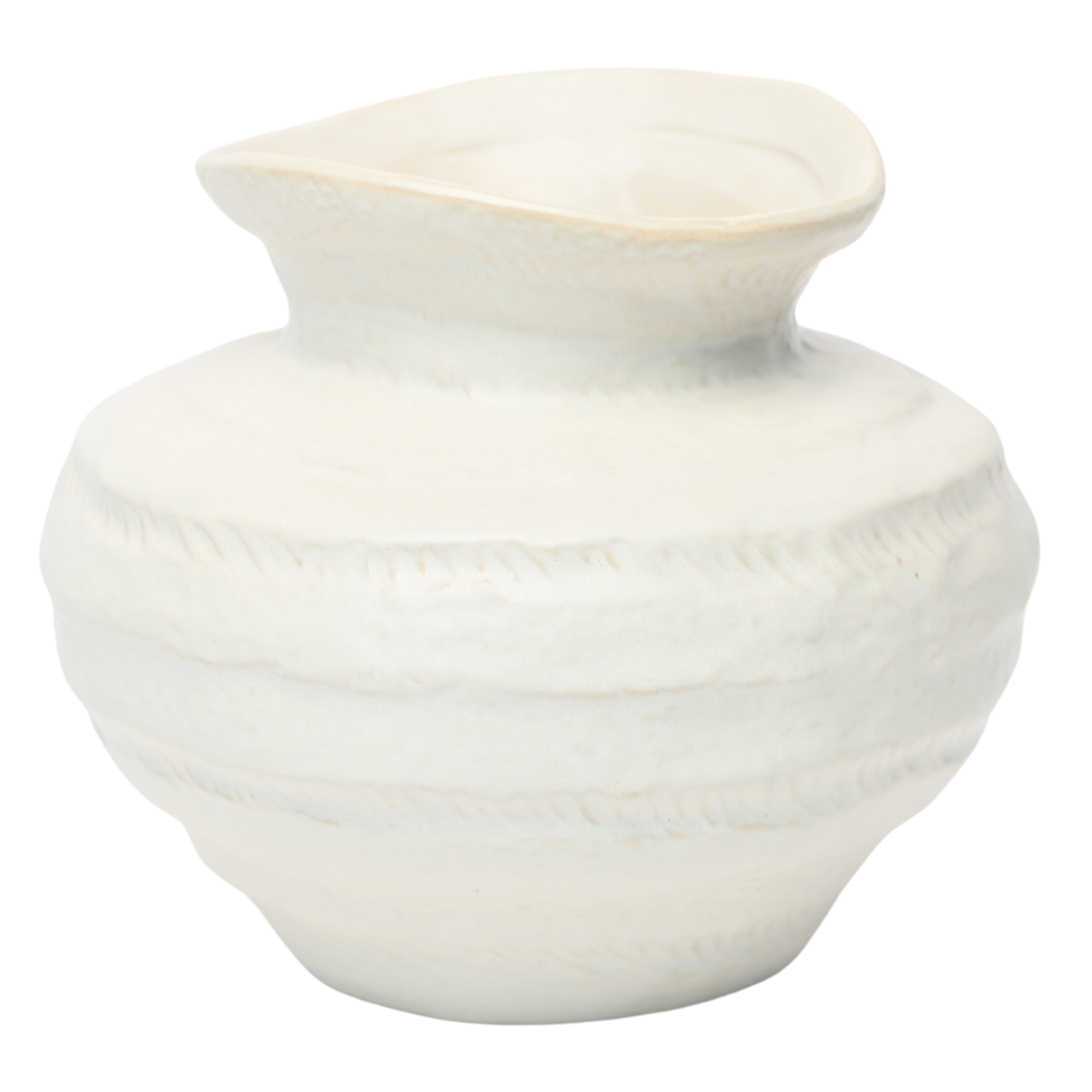 Large 22.2cm organic gourd off-white ceramic vase with a ribbed texture styled on a wooden dining room sideboard.
