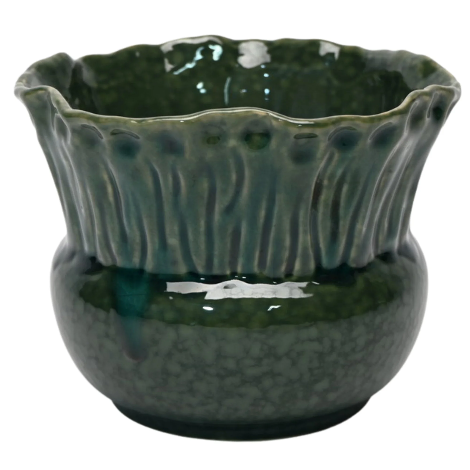 Medium Scalloped Green Ceramic Bulbous Pot 21.5x21.5x17.2cm