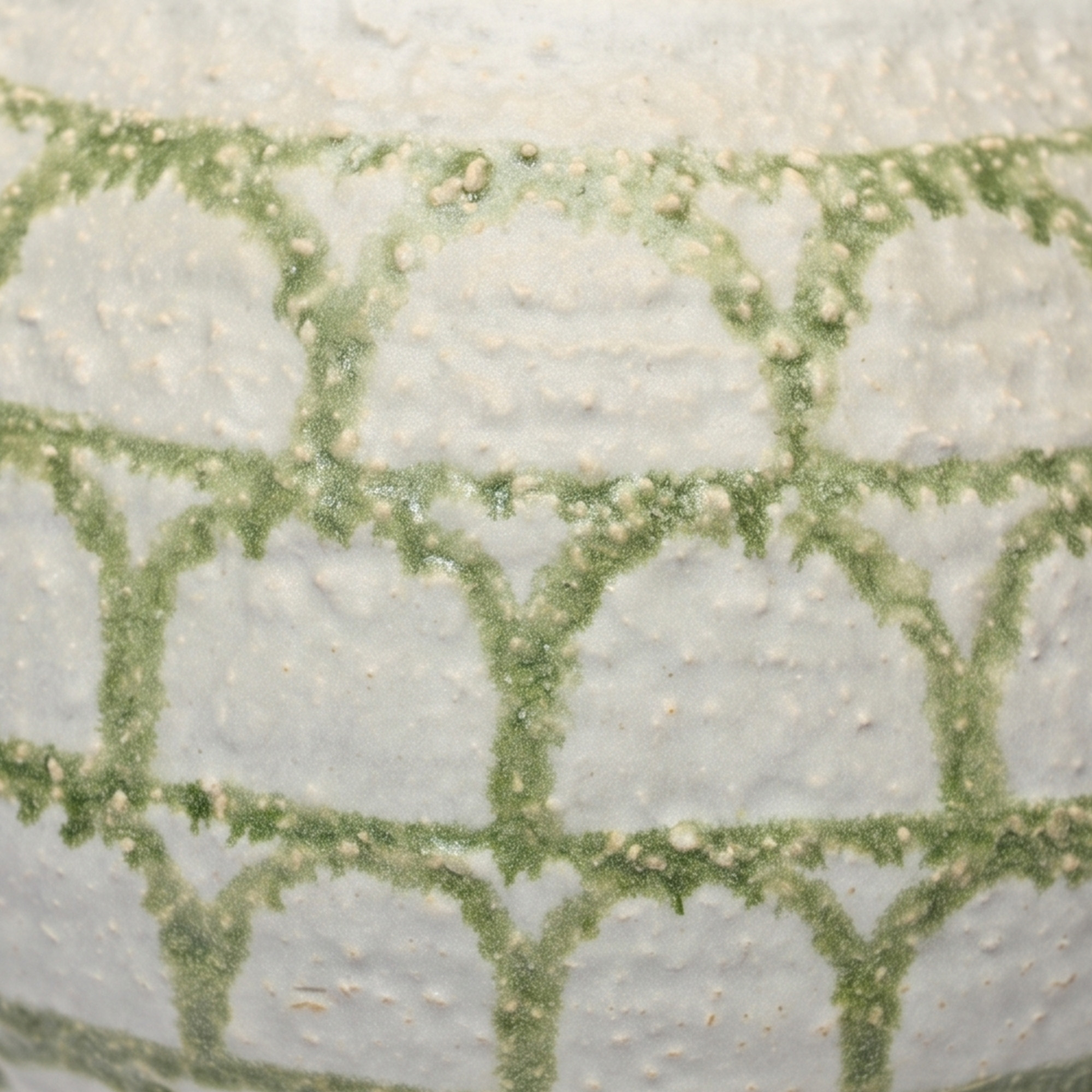 Large 31.5cm matte arch pattern green and white ceramic pedestal bowl vase styled on a wooden dining room sideboard.