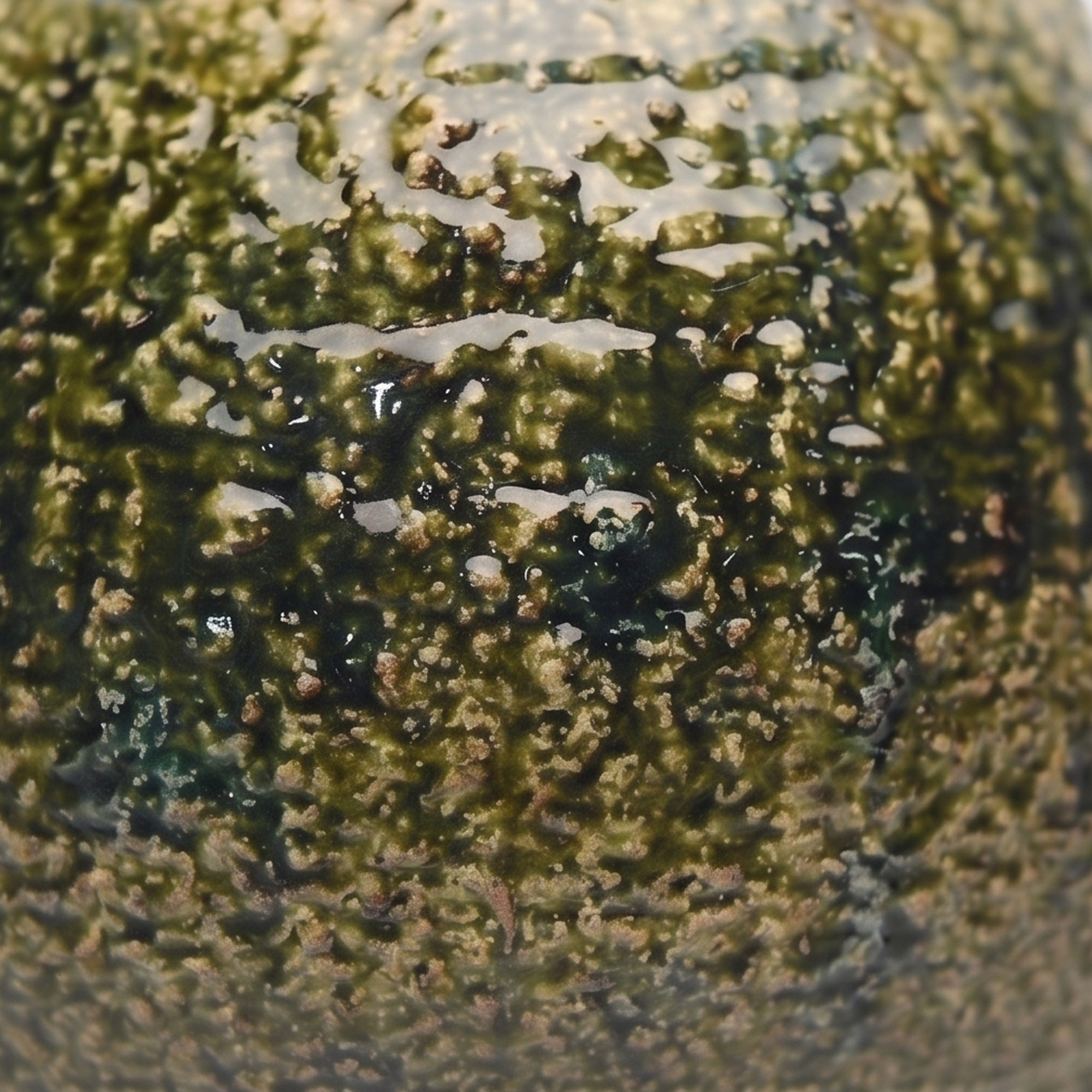 Large 23.5cm textured moss green ceramic pedestal bowl vase with a glossy glaze styled on a wooden dining room sideboard.