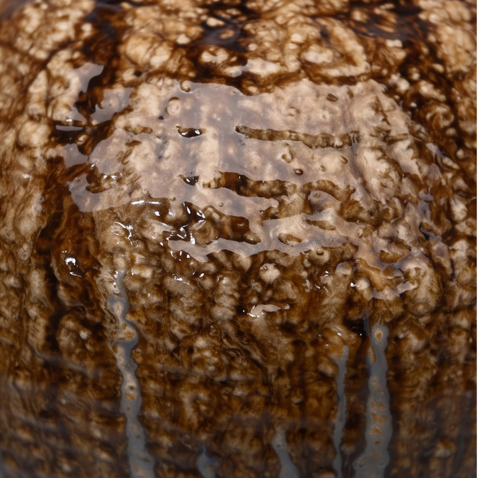 Extra extra large 52.5cm cream brown ceramic jar with a textured drip glaze styled on a wooden dining room sideboard.