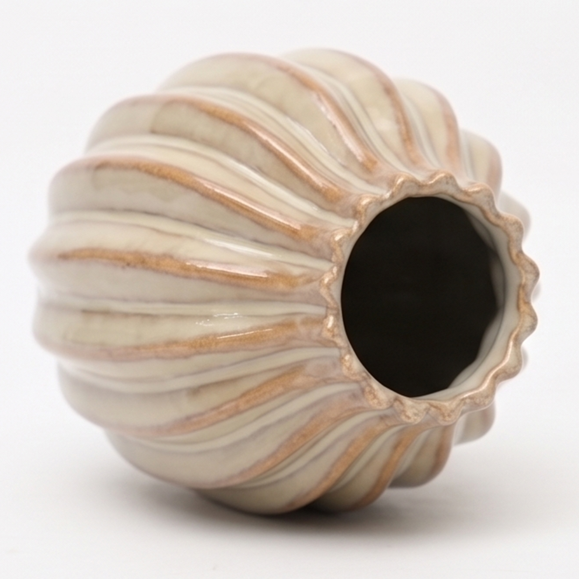 Medium 17.2cm ribbed cream ceramic bud vase with a glossy glaze styled on a wooden dining room sideboard.