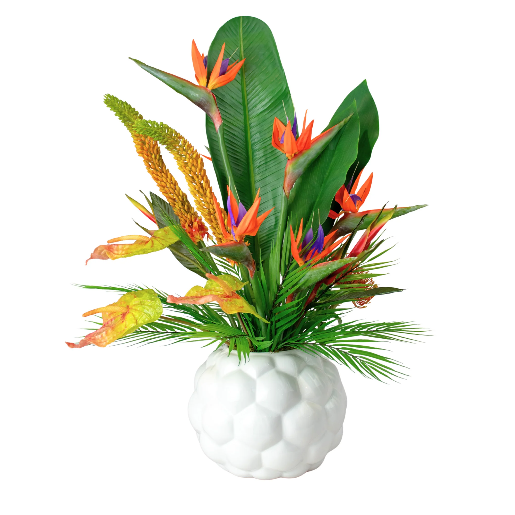 Extra Large Orange and Green Strelitzia Arrangement in White Gloss Hexa Ceramic Vase – 85cm