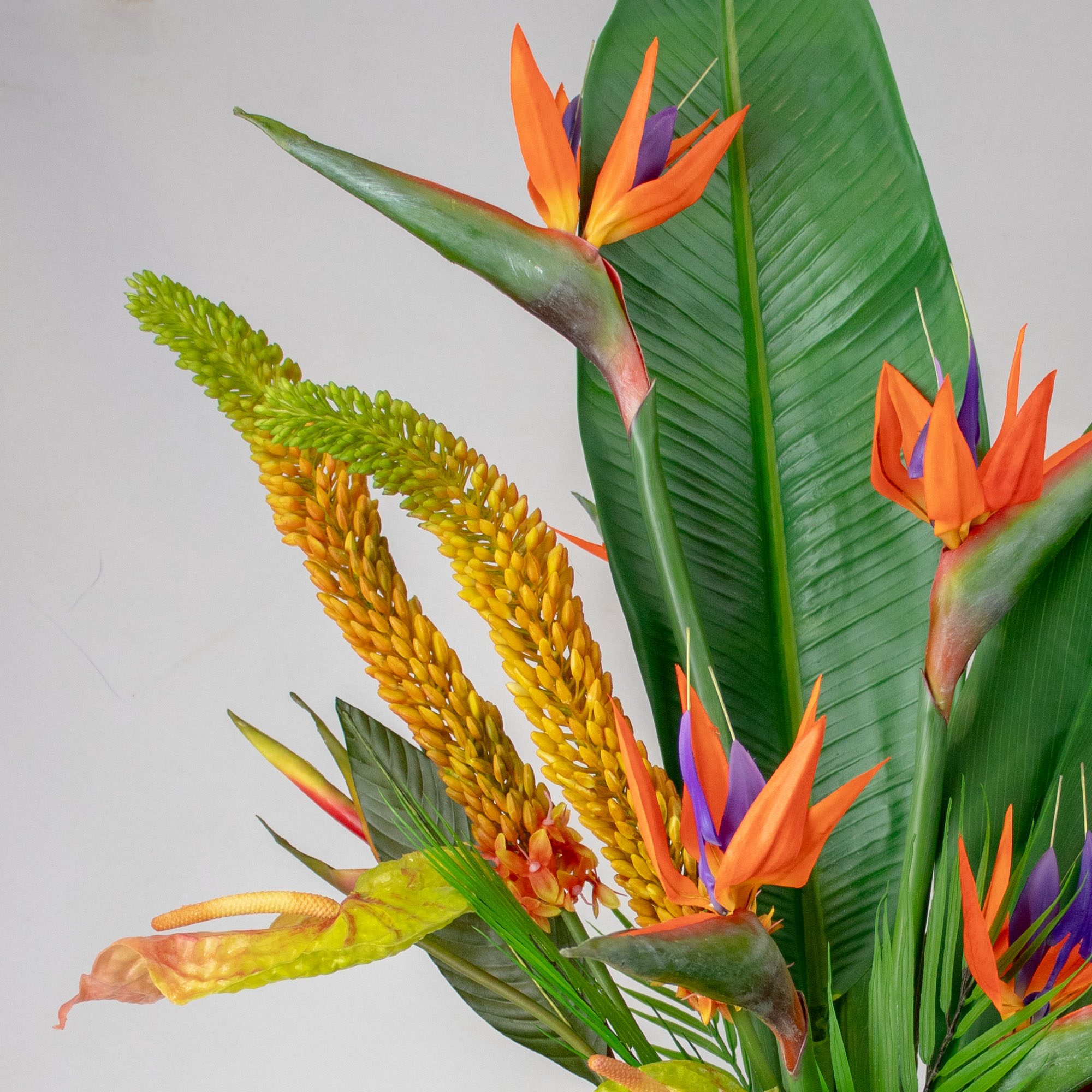 Extra Large Orange and Green Strelitzia Arrangement in White Gloss Hexa Ceramic Vase – 85cm