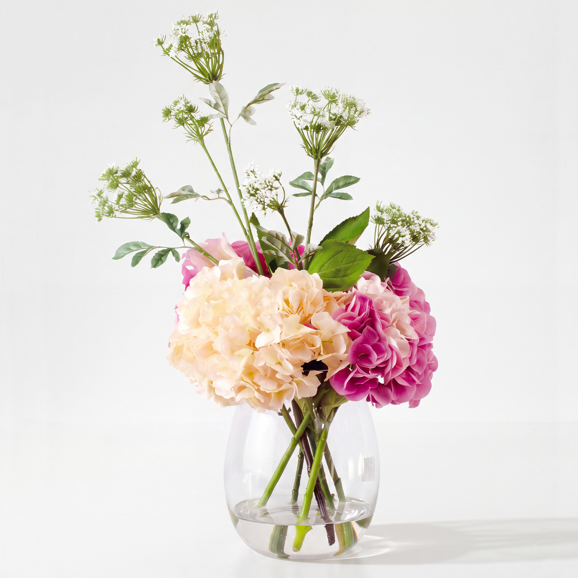 Large Pink Hydrangea & Queen Anne's Lace Arrangement in Curved Glass Vase – 65cm