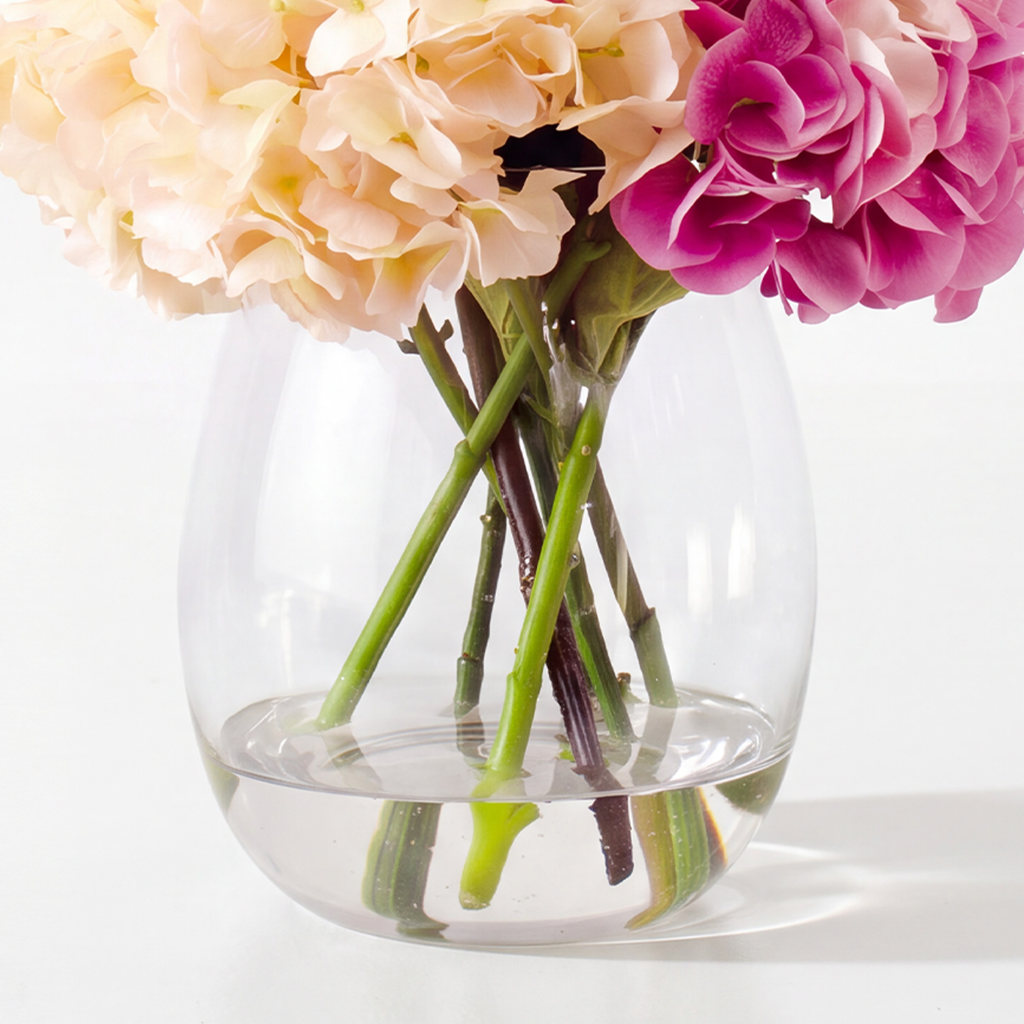 Large Pink Hydrangea & Queen Anne's Lace Arrangement in Curved Glass Vase – 65cm