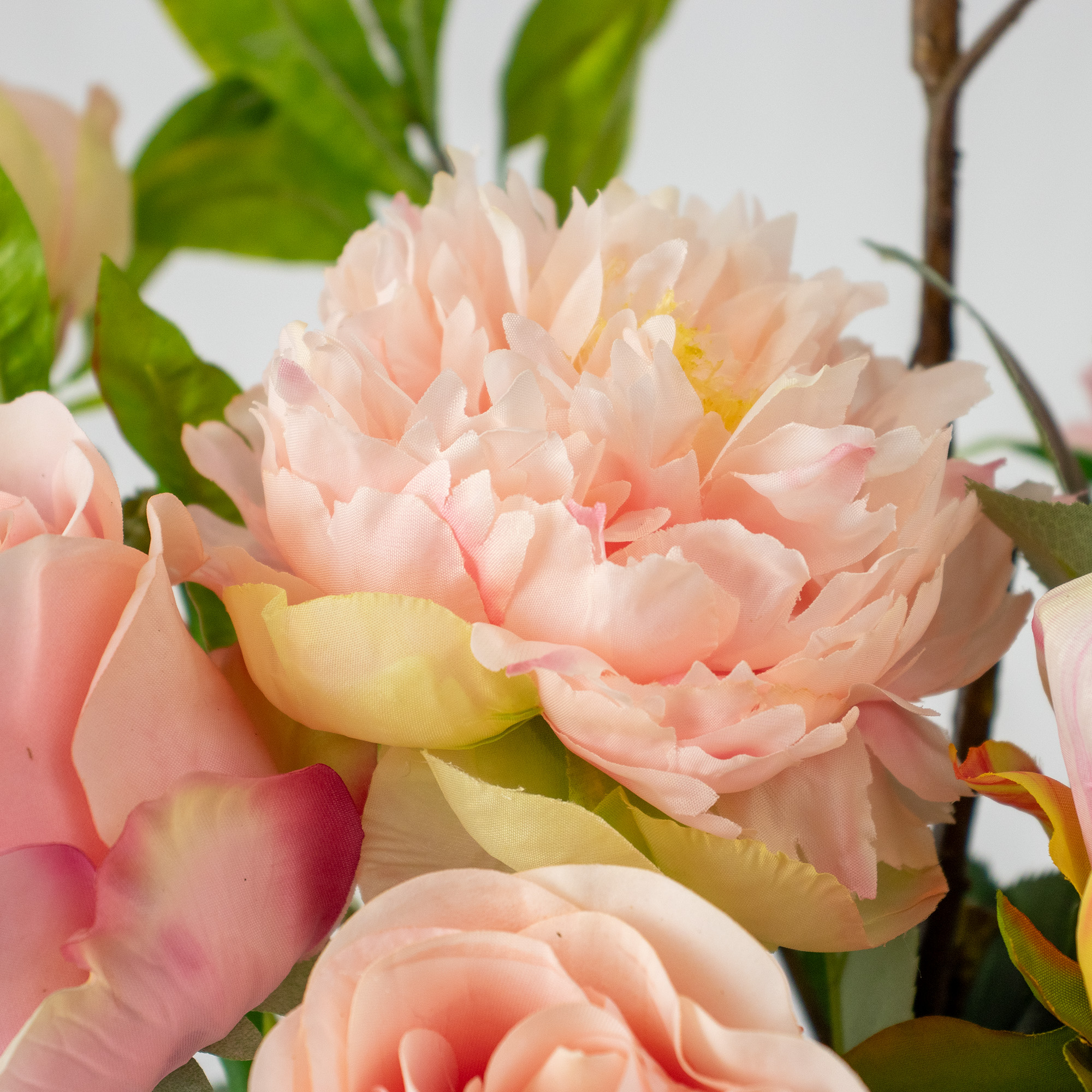 Large Pink Peony & Elm Branch Arrangement in Ribbed Glass Vase – 70cm