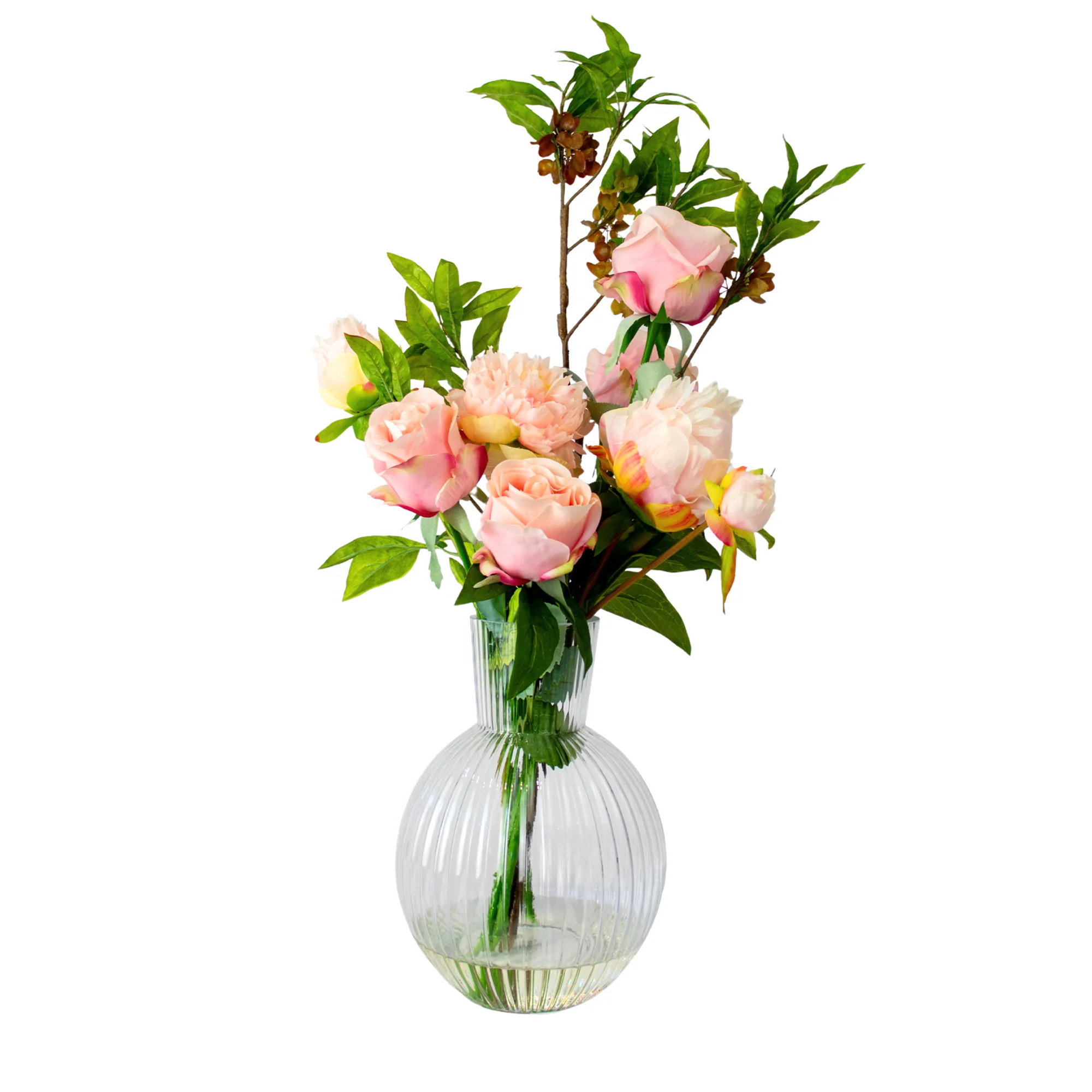 Large Pink Peony & Elm Branch Arrangement in Ribbed Glass Vase – 70cm